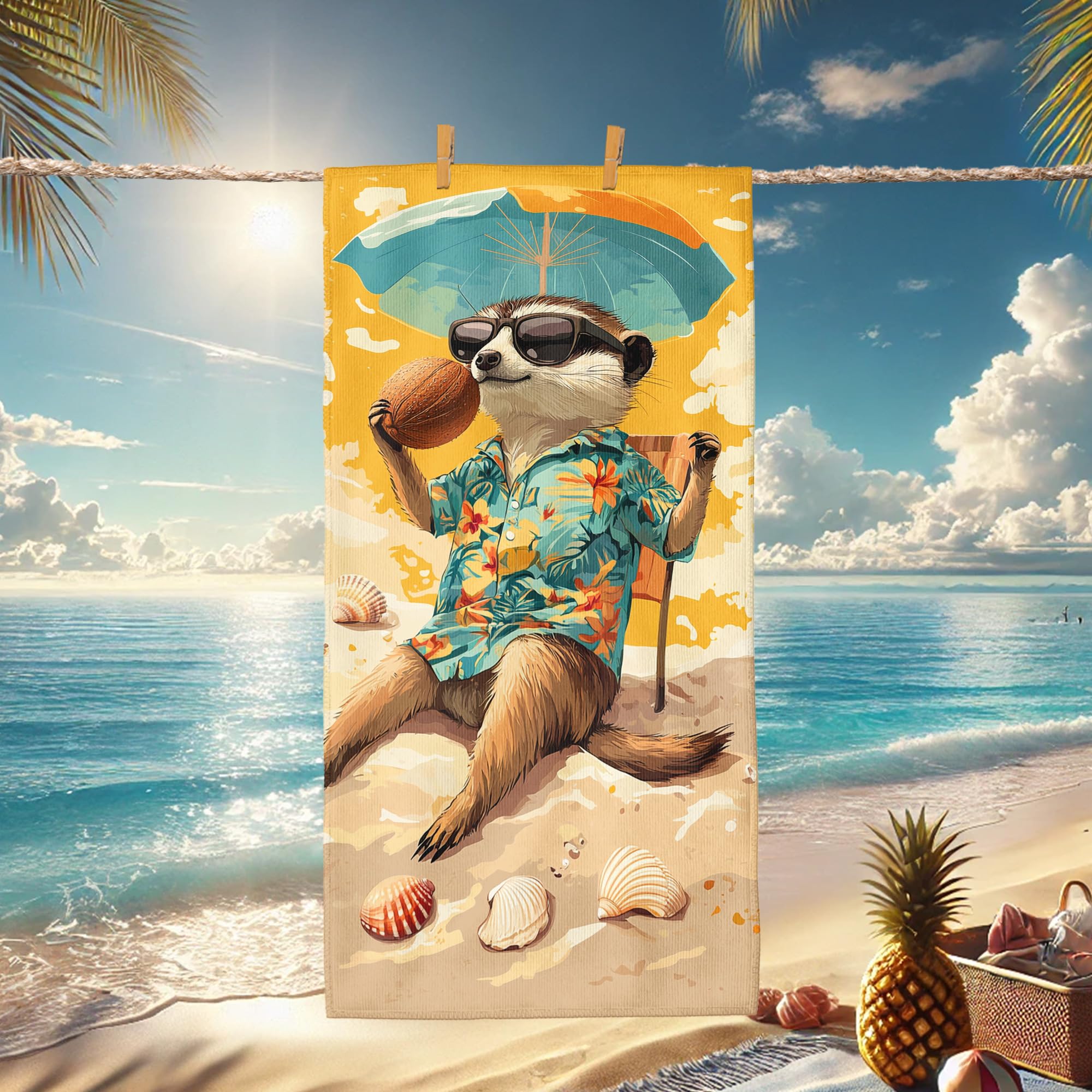 Tropical Beach Towel Cartoon Meerkat Sunbathing, Quick Dry Soft Microfiber Sand Free Lightweight Pool Travel Essentials, Vacation Picnic Fun 62x31 Inch