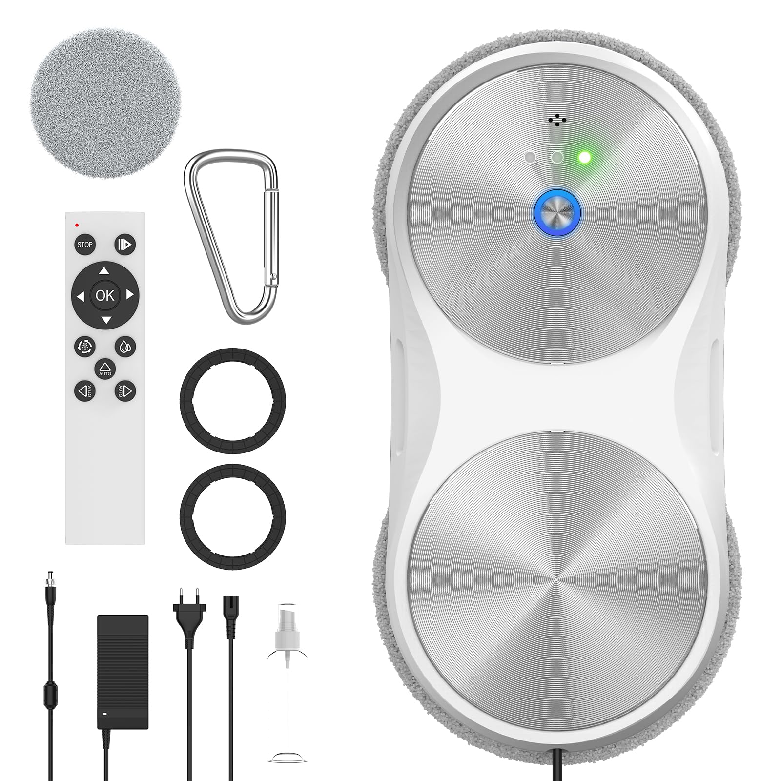 Robot Laveur de Vitre Automatique 5600Pa, Lave Vitre Électrique avec Télécommande Infrarouge & Corde de Sécurité, 80ml Réservoir d’Eau Double Pulvérisation, 3 Modes de Nettoyage Intérieur/Extérieur