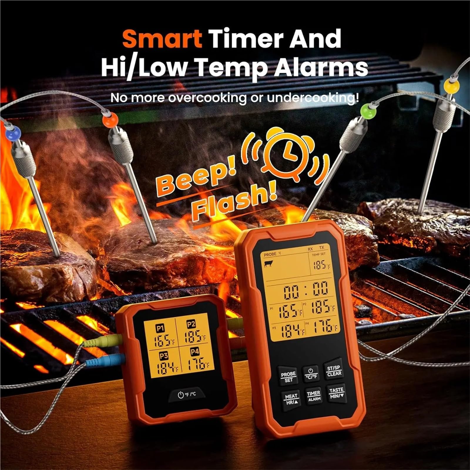 Thermomètre Infrarouge Laser, Thermomètre À Viande Sans Fil Distance Avec 4 Sondes Préréglages Lecture Instantanée Et Alertes Intelligentes pour Cuisine Cuisson, Industrie