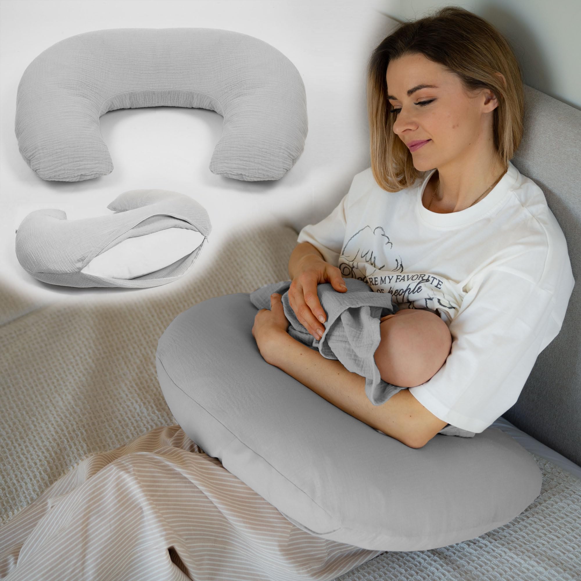 PaLulli® Musselin Stillkissen Stillkissenbezug aus 100% Musselin Baumwolle - Stillkissen für Baby, Stillhörnchen Baby, Stillkissen Atmungsaktiv & Waschbar, Stillkissen (Grau)