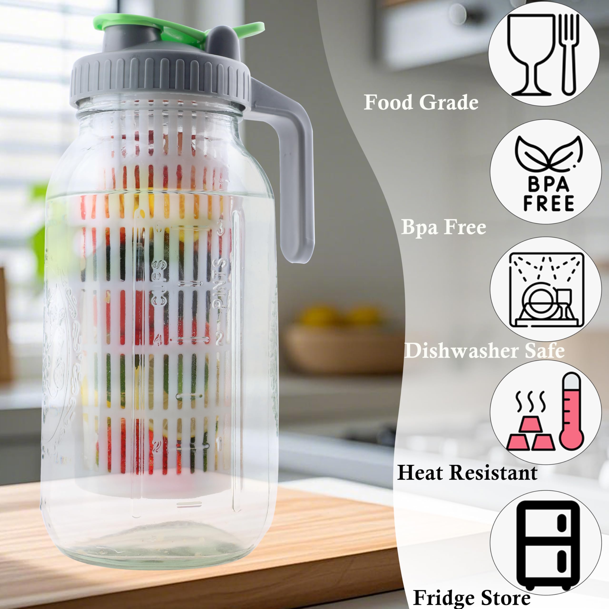 Jarra de agua de vidrio de 2 cuartos de galón con infusor de 64 onzas de boca ancha con infusión de agua fría y caliente, jarra con tapa, medio galón para café, sol, té, limonada, leche materna, jugo