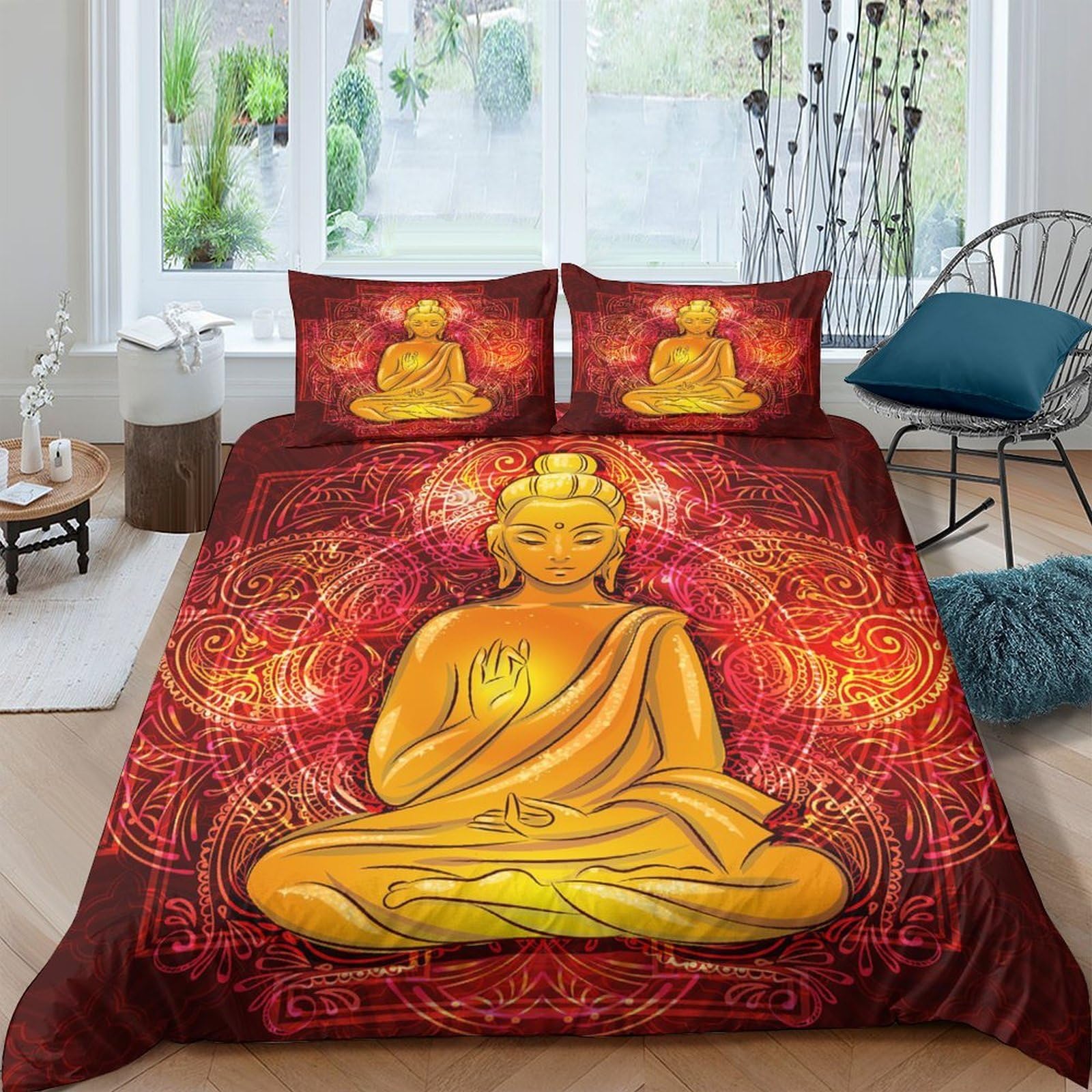 GPLZQXKJNH 3D Printed Buddha Meditation Duvet Cover Microfiber Soft Breathable Spiritual Mandala Bedding Set with 2 Pillowcases for Bedroom Decor, Orange Yellow Single（135x200cm）
