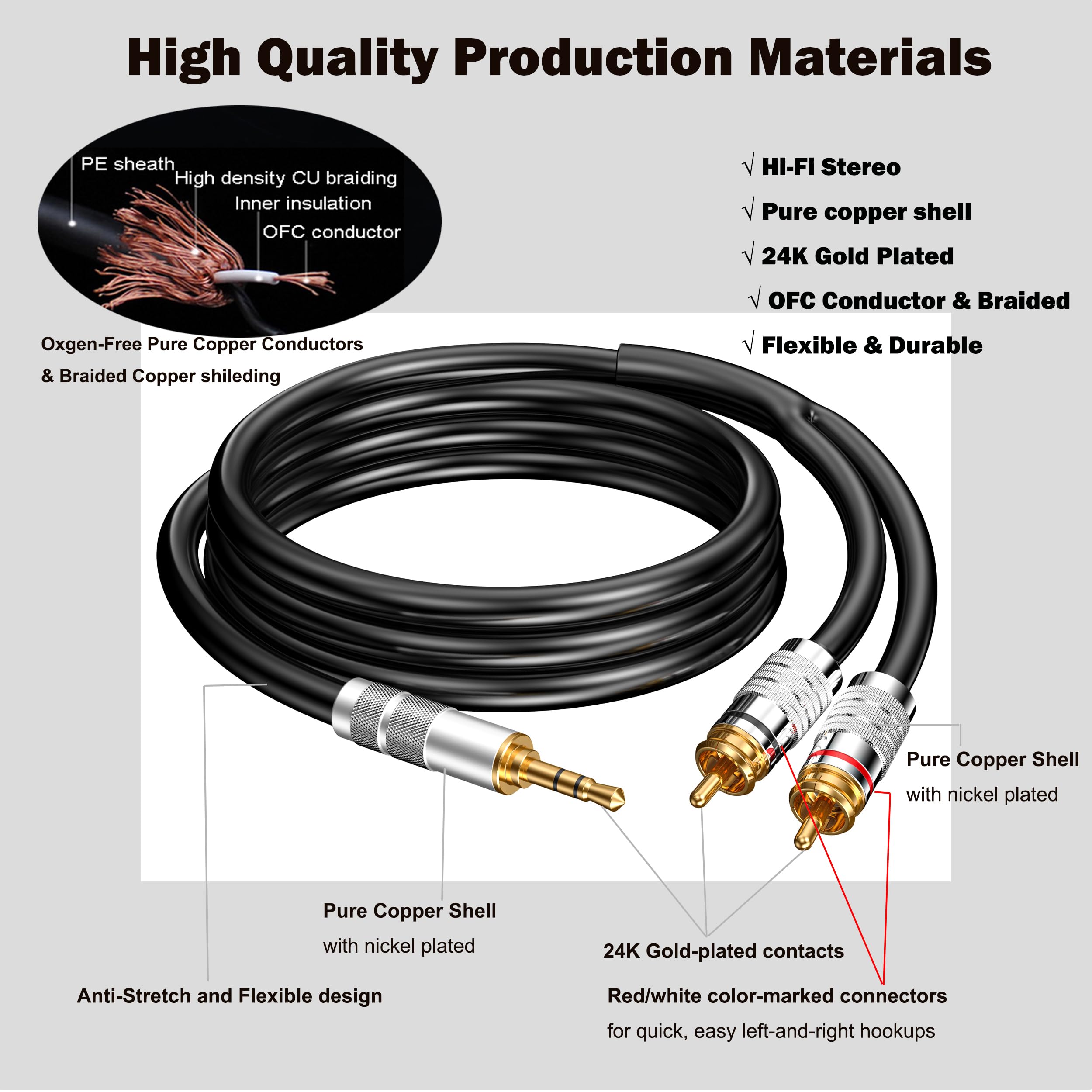 Cavo da 3,5 mm a RCA, adattatore audio stereo AUX da jack 1/8 a RCA Audio Y cavo per cuffie, MP3, tablet, altoparlanti, MP3, HDTV, telefono, nero, 2,2 m