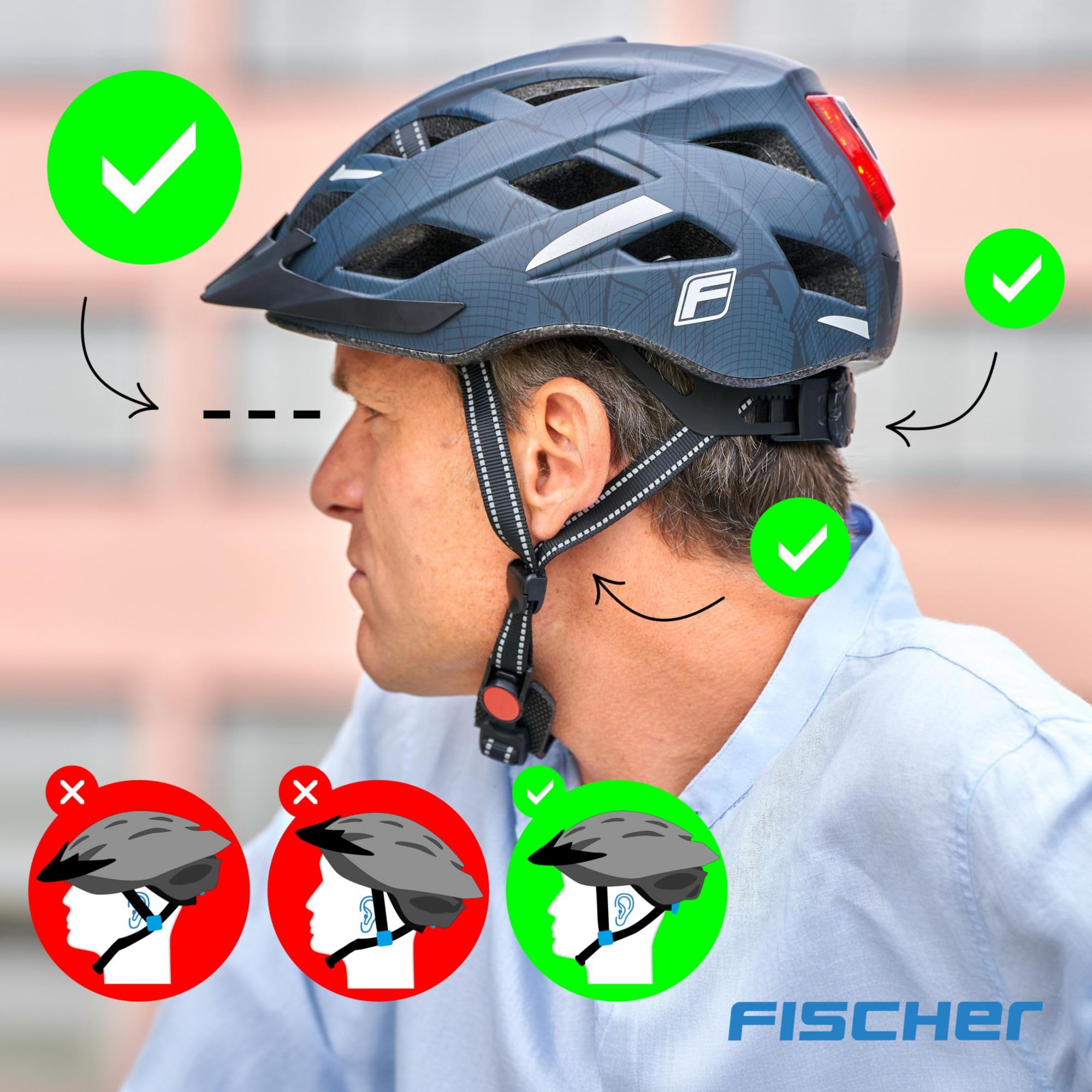 FISCHER Urban Plus NY - Casco de Ciclismo para Adultos (52-59 cm, con luz Trasera LED integrada), Color Azul