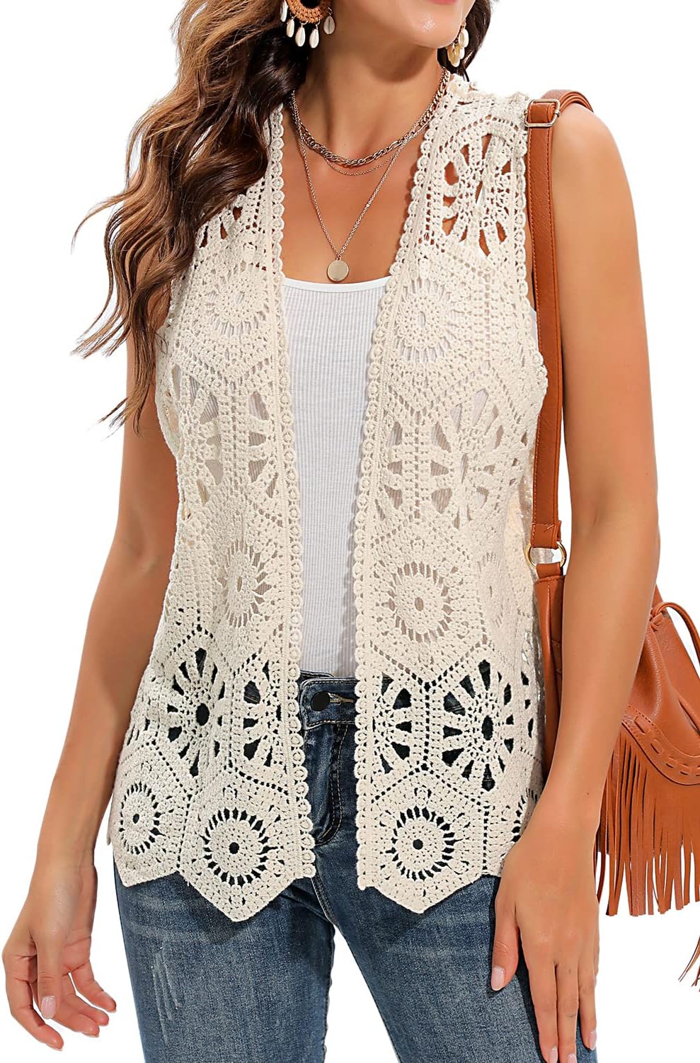 Women's Crochet Vest Sleeveless Boho Lace Cardigan (Geometry Apricot)