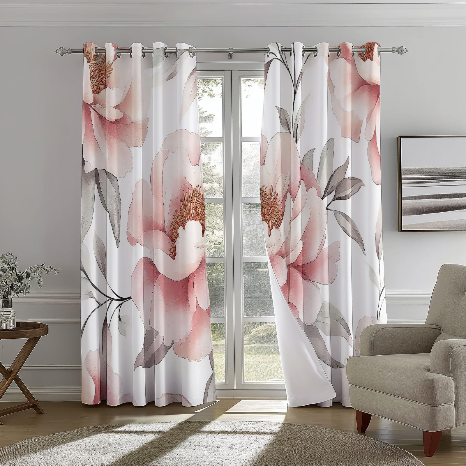Termiczna zasłona zaciemniająca 100% poliester termiczna nieprzezroczysta zasłona, kwiatowa piwonia 110 l x 215 H cm (2 panele) blokowanie oczek światło anty-UV do salonu sypialni, różowo-biały