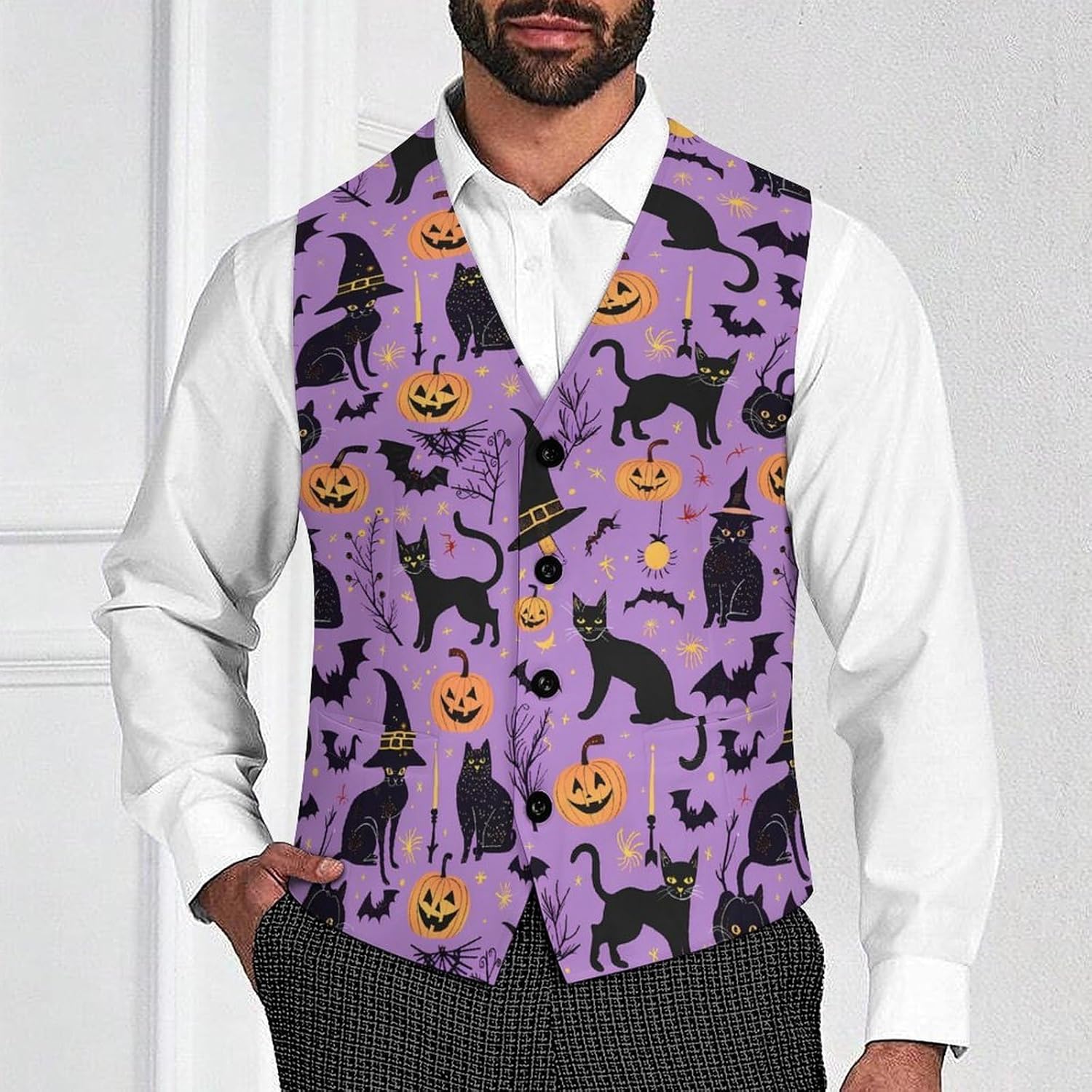 Halloween Black Cat Pumpkin Novelty Men's Suit Vest Casual Formal Dress Vests Business Waistcoat