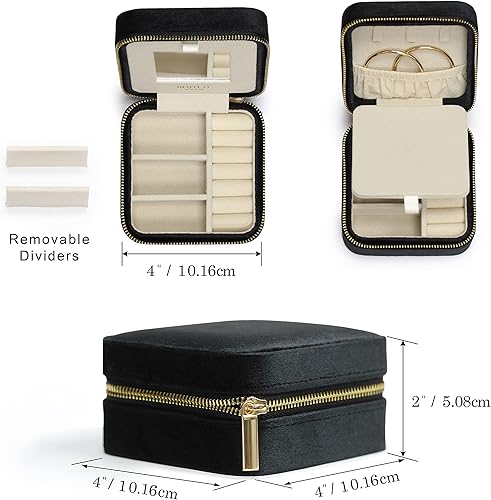Miniatura 4 de BLUTETE Joyero organizador de viaje de terciopelo con anillos de espejo aretes collares caja organizadora de almacenamiento negro