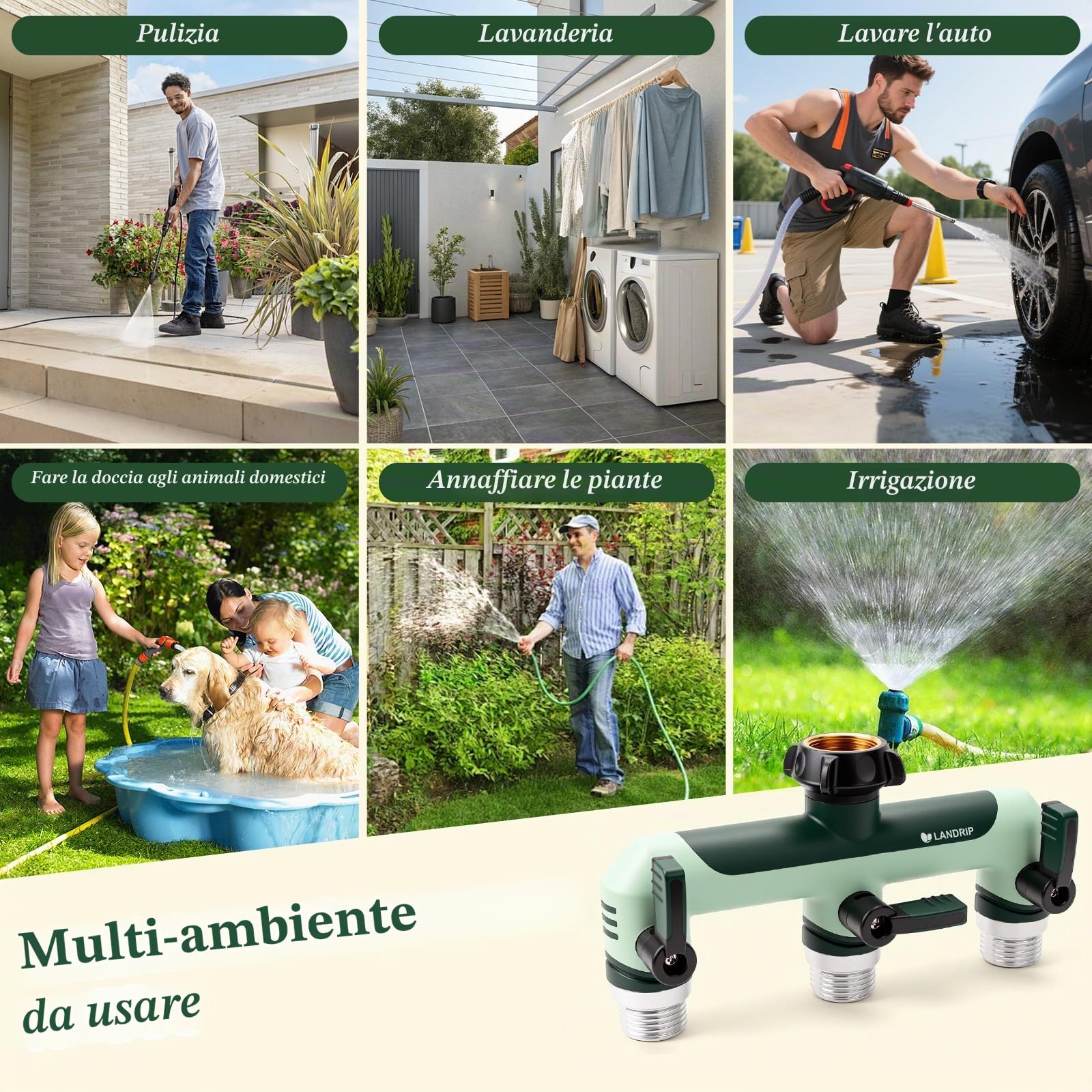 Landrip Splitter per Tubo da Giardino a 3 Vie, Regolabile con Flusso Completo, Resistente, Splitter per Rubinetto Esterno da 3/4 Pollici, connettore per Tubo con 3 valvole Singole per Rubinetto da | Sdoppiatore per rubinetto da 3/4", adattatore per tubo c