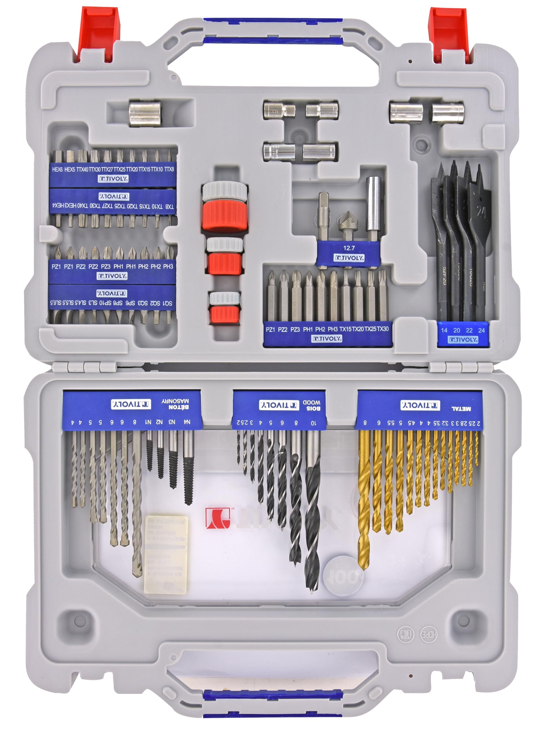 TIVOLY – Maletín de 100 piezas taladrado + tornillos + extractores – 14 brocas metálicas, 8 brocas de madera y 4 mechas de madera, 7 brocas de hormigón, 4 extractores, 50 puntas de atornillado y otros