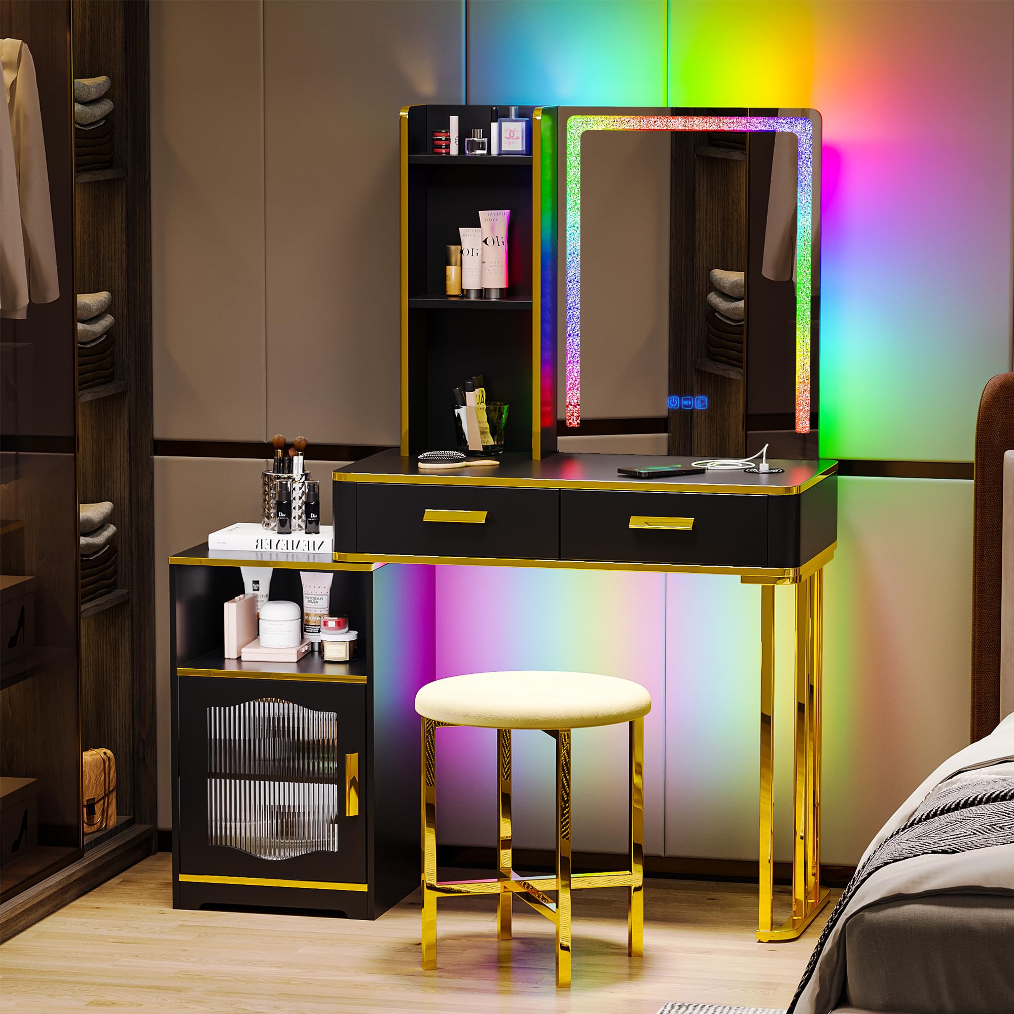 Gurexl Schminktisch mit verstellbaren LED-Beleuchtung und USB, 2-in-1 Schreibtisch mit Spiegel LED und Flexibler Unterschrank,Modern Kosmetiktisch mit Hocker für Wohnzimmer,Ankleidezimmer,Schwarz