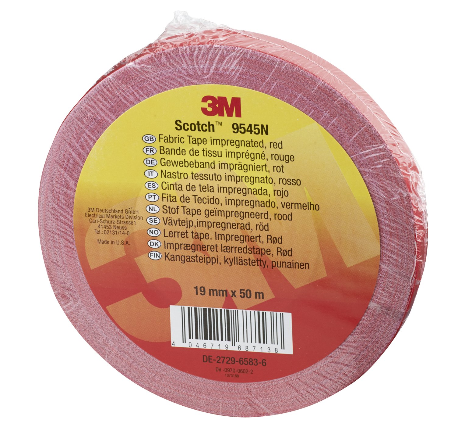 3M 9545NR19 Scotch 9545N Ruban de tissu imperméabilisé Rouge 19 mm x 50 m