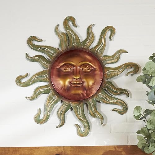 Miniatura 3 de Deco 79 Decoración de pared de metal con cara sonriente y rayos curvos, 33 x 1 x 33 pulgadas, cobre