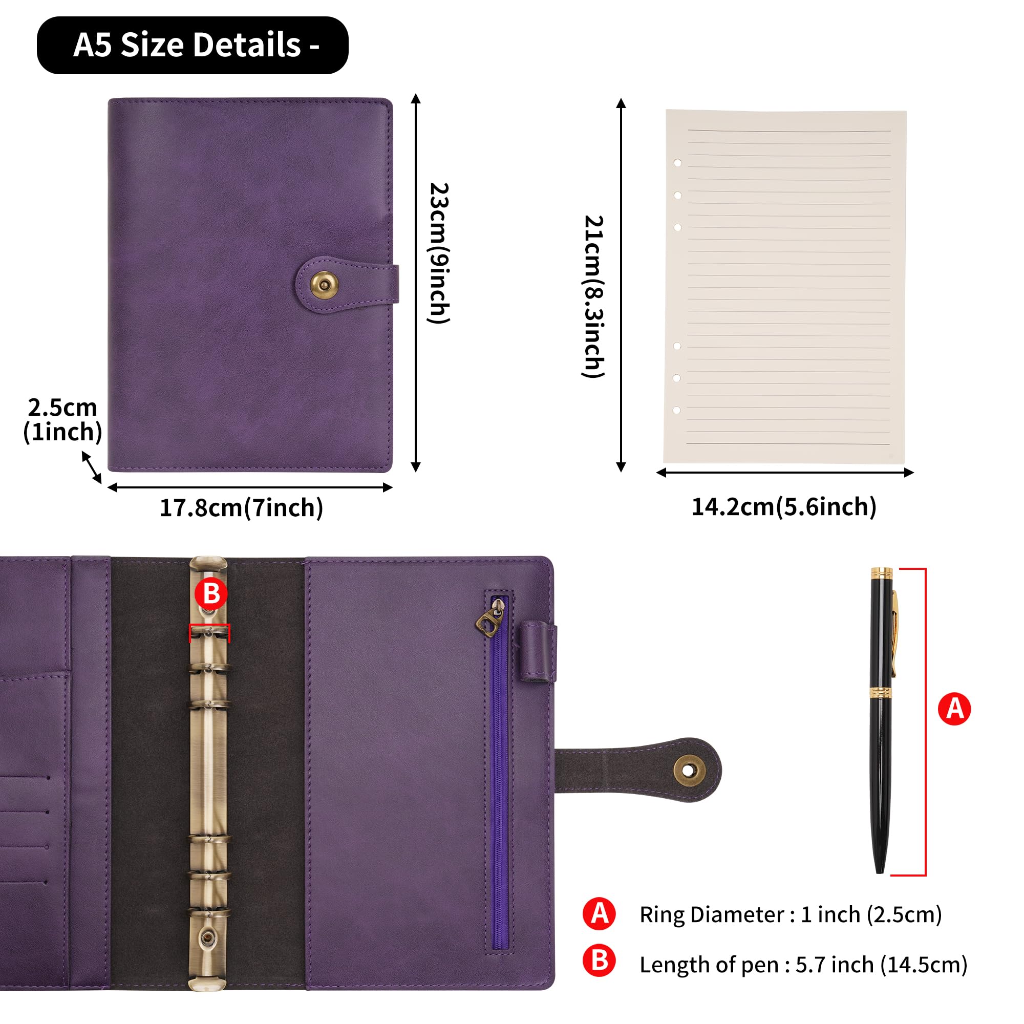 MCTNCT A5 Notitieboek,Leer,Opvulbaar A5 Leer Notitieboek,Handgemaakt Leer met 6-Ring Metalen Binder,Dagboek,Bruin,voor Schrijvers,Zakelijke Gebruik, Werk,23 x 17 cm,200 Pagina's