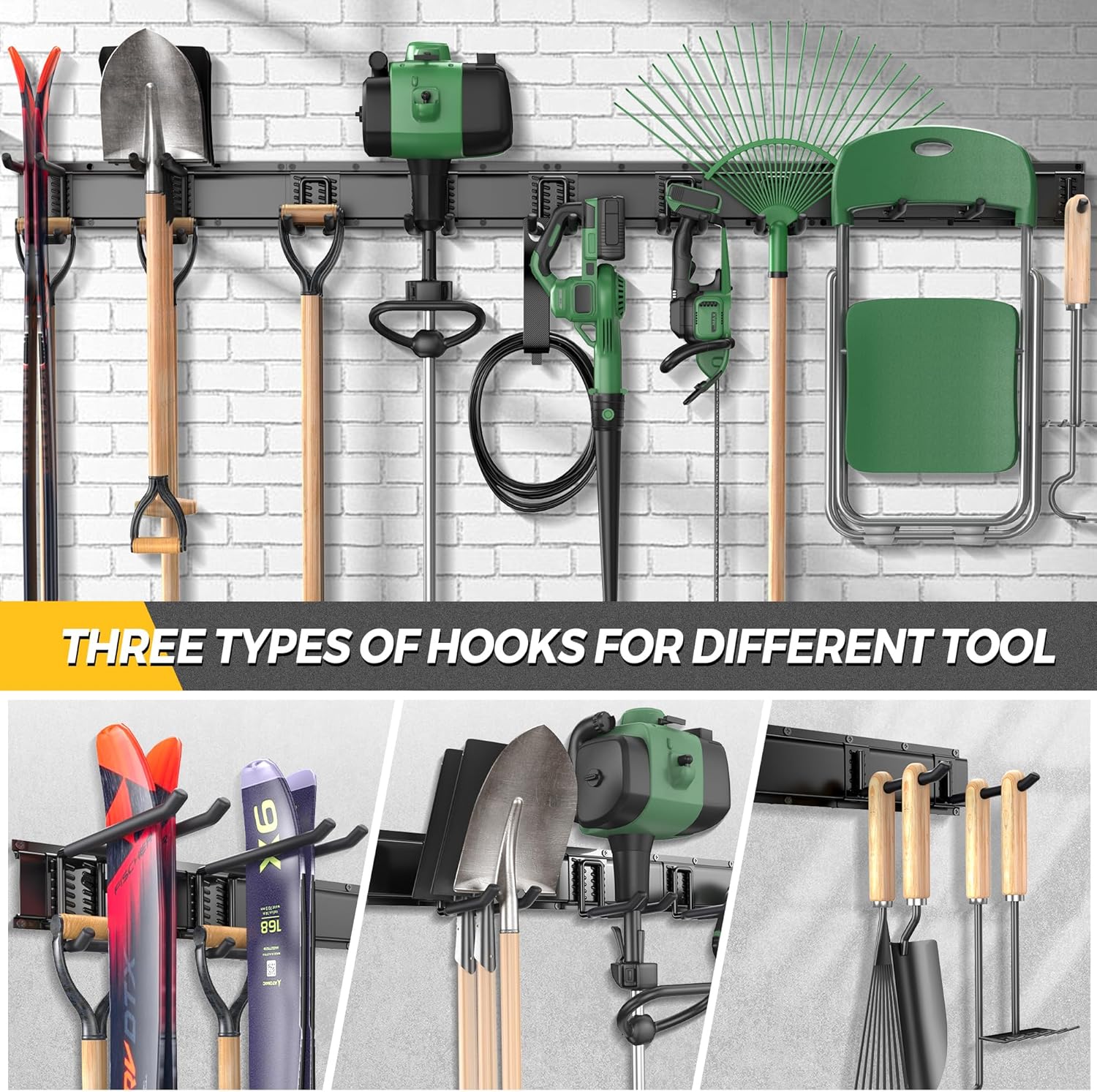 LBT 99" Garage Tool Organizer Wall Mount - 1000lbs Garden Tool Organizer with Adjustable Hooks, Heavy Duty Metal Garage Storage Rack, Anti-Rust Shed Rack Holder Hanging Rake Broom Mower Snowboard - Image 7