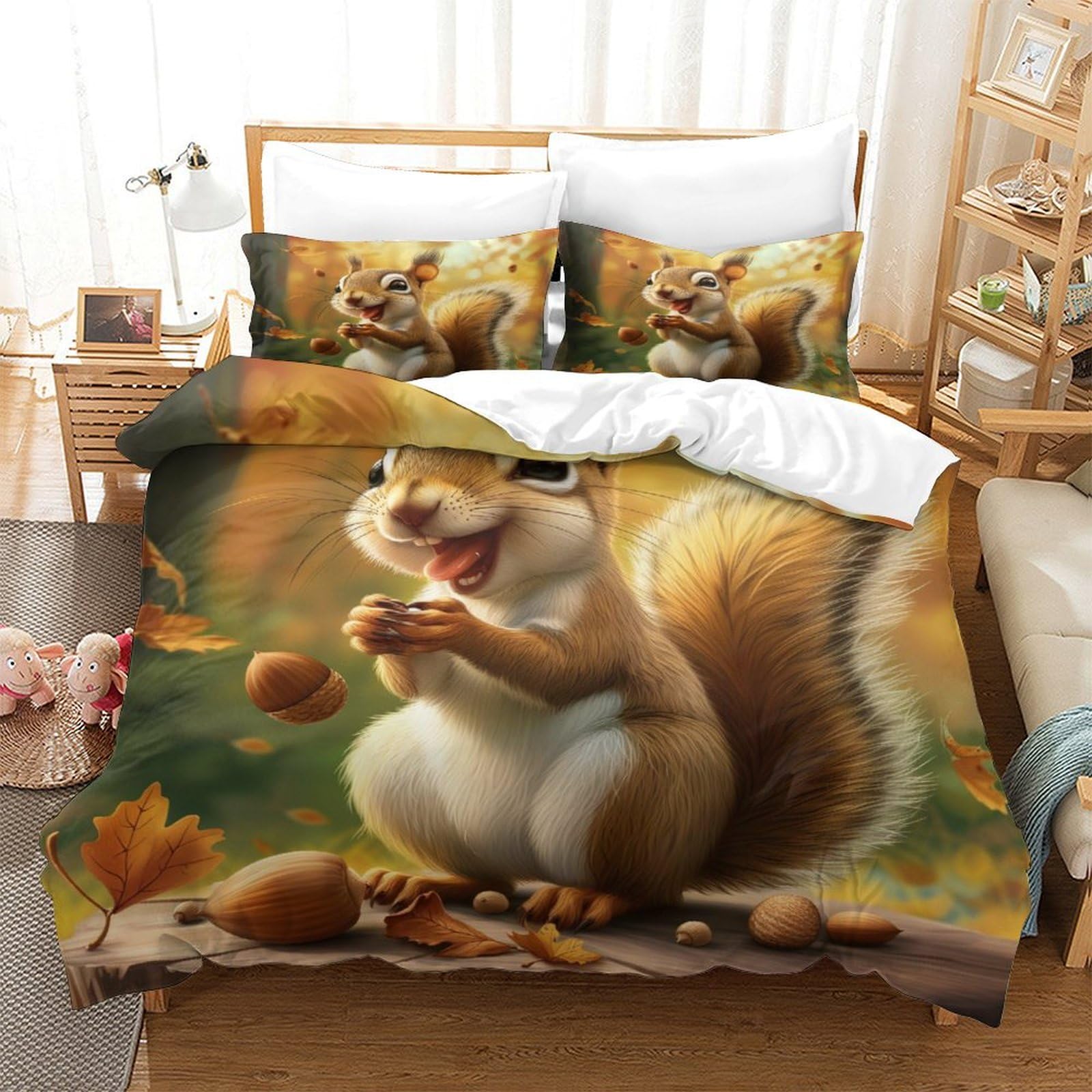 Ensemble de literie écureuils 3D en microfibre respirante et super douce 260x220cm