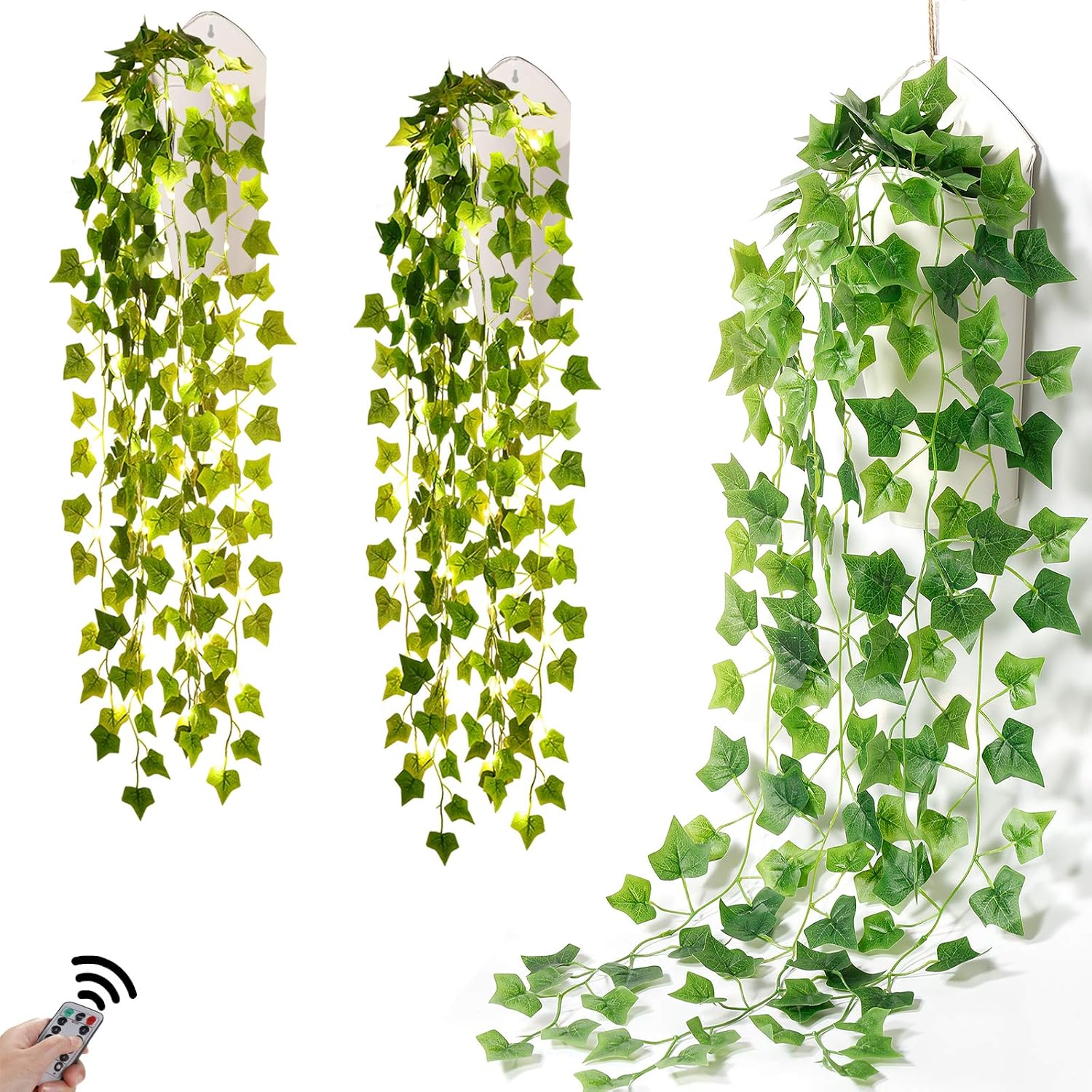 Hsuner Fake Hanging Plants - Thicker Ivy Vines with Lights and Galvanized Metal Wall Planter Decor, Rustic Modern Farmhouse Aesthetic Wall Decor, Boho Home Decor for Bedroom Porch (Upgrade White)