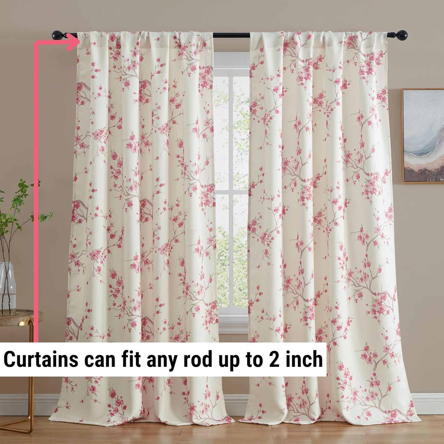 HLC.ME Jasmine Floral Patterned Window Rod Pocket Curtains for Living Room - Light Blocking Darkening Window Panels, Set of 2 (Pink, 52 W x 96 L)