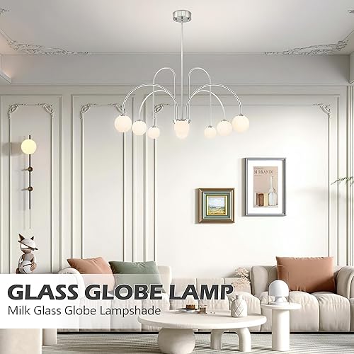 Miniatura 2 de Candelabro Sputnik de níquel con 8 luces colgantes de globo de 38.5 pulgadas, lámpara Sputnik moderna con pantalla de globo de vidrio de leche,