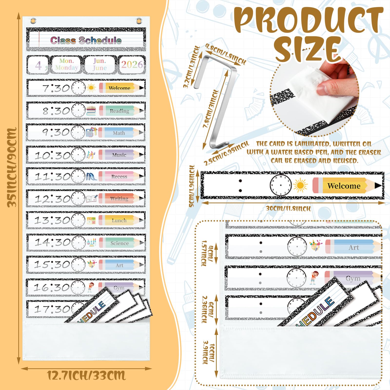 77 szt. Dzienny harmonogram kieszonkowy do klasy, 13 + 1 kieszenie
