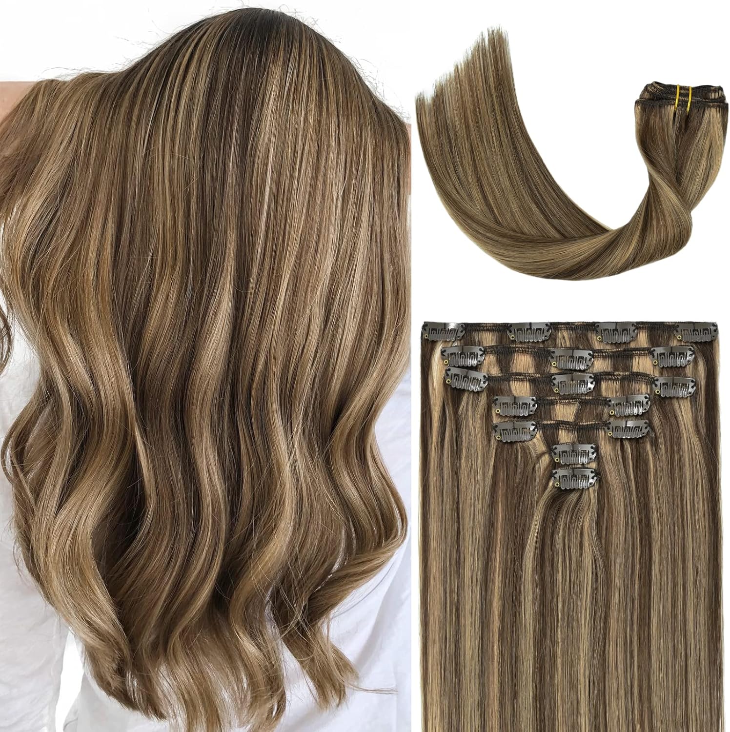 VARIO Hair Extensions Clip in Chocolate Brown to Caramel Blonde Remy