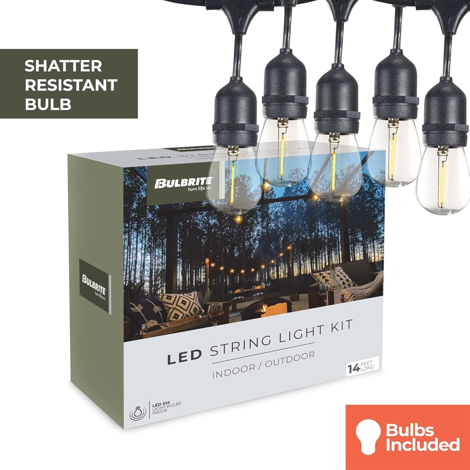 Bulbrite 14-Foot String Light Kit with Clear Shatter Resistant Vintage Style S14 LED Light Bulbs