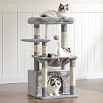 Heybly Cat Tree, Kitten Tower with Large Soft Cat Basket, Cat Condo with Spacious Cat Bed Cave with Hidden Space, Sisal-Covered Scratching Posts, Dangling Ball for Indoor Cats, Light Gray S HCT008SW