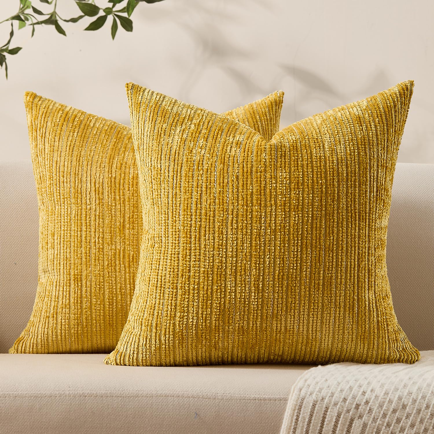 Allorry Decorative Couch Throw Pillow Covers 22x22 Set of 2 Summer Soft Yellow Chenille Pillow Covers Boho Textured Square Cushion Covers for Modern