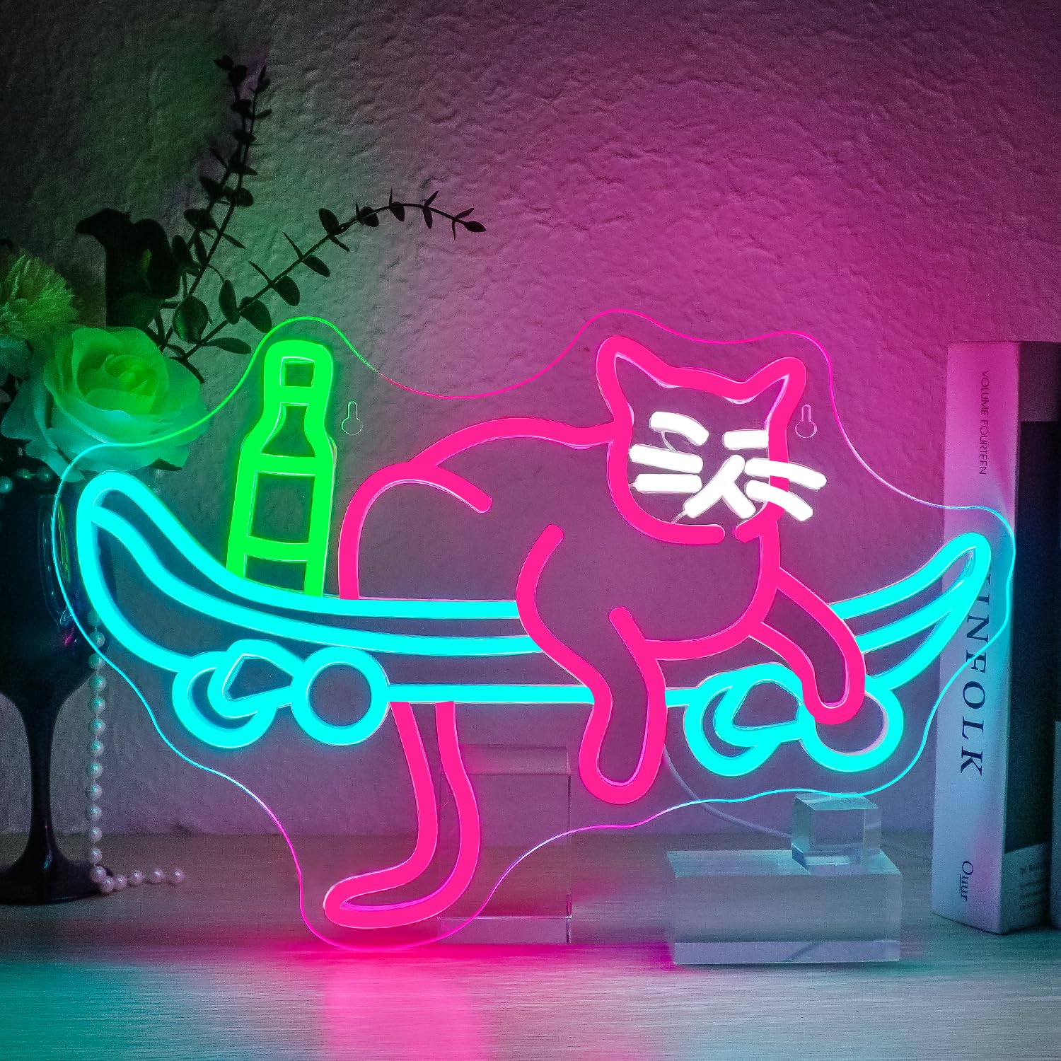 Horseneon Drinking Skateboard Cat Neon Light Sign Skateboard Cat Neon Sign Drink Cats Neon Light USB Dimmer Light Sign Led Neons Sign Wall Light Kids Room Living Room Bar