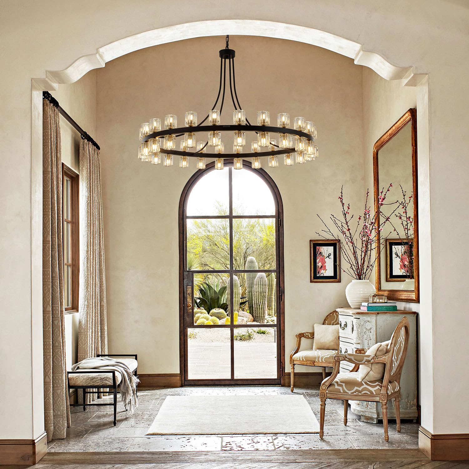 Featured: Mkohalolux 48" Wagon Wheel Chandelier Black Wagon Wheel Chandelier with Crystal Shade, 48 Lights, Modern Farmhouse Style