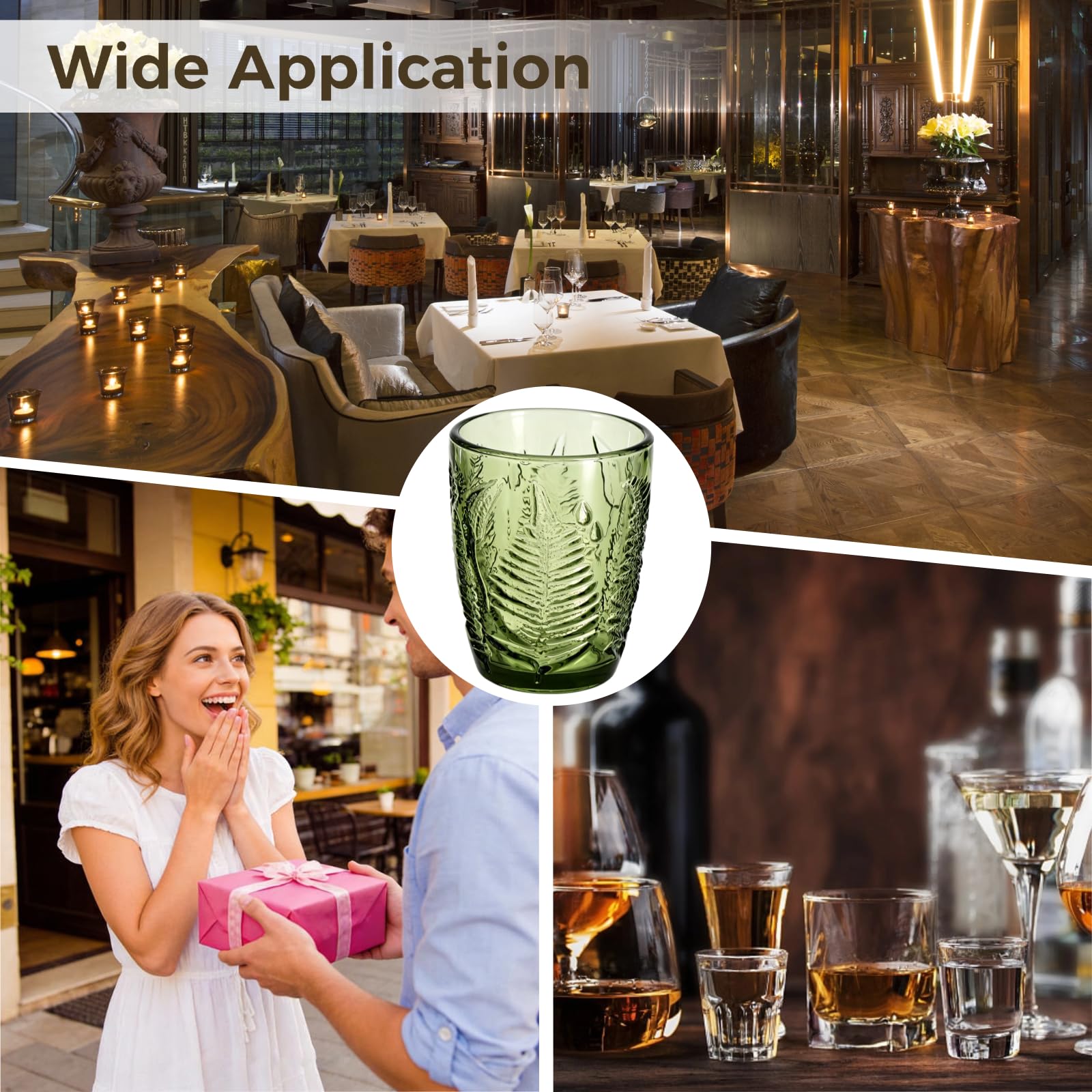 Lot de 4 verres à boire vintage verts, motif fougère en relief, verres épais de 9,8 fl oz, gobelets à cocktail style bohème pour usage quotidien, réception, maison et restaurant