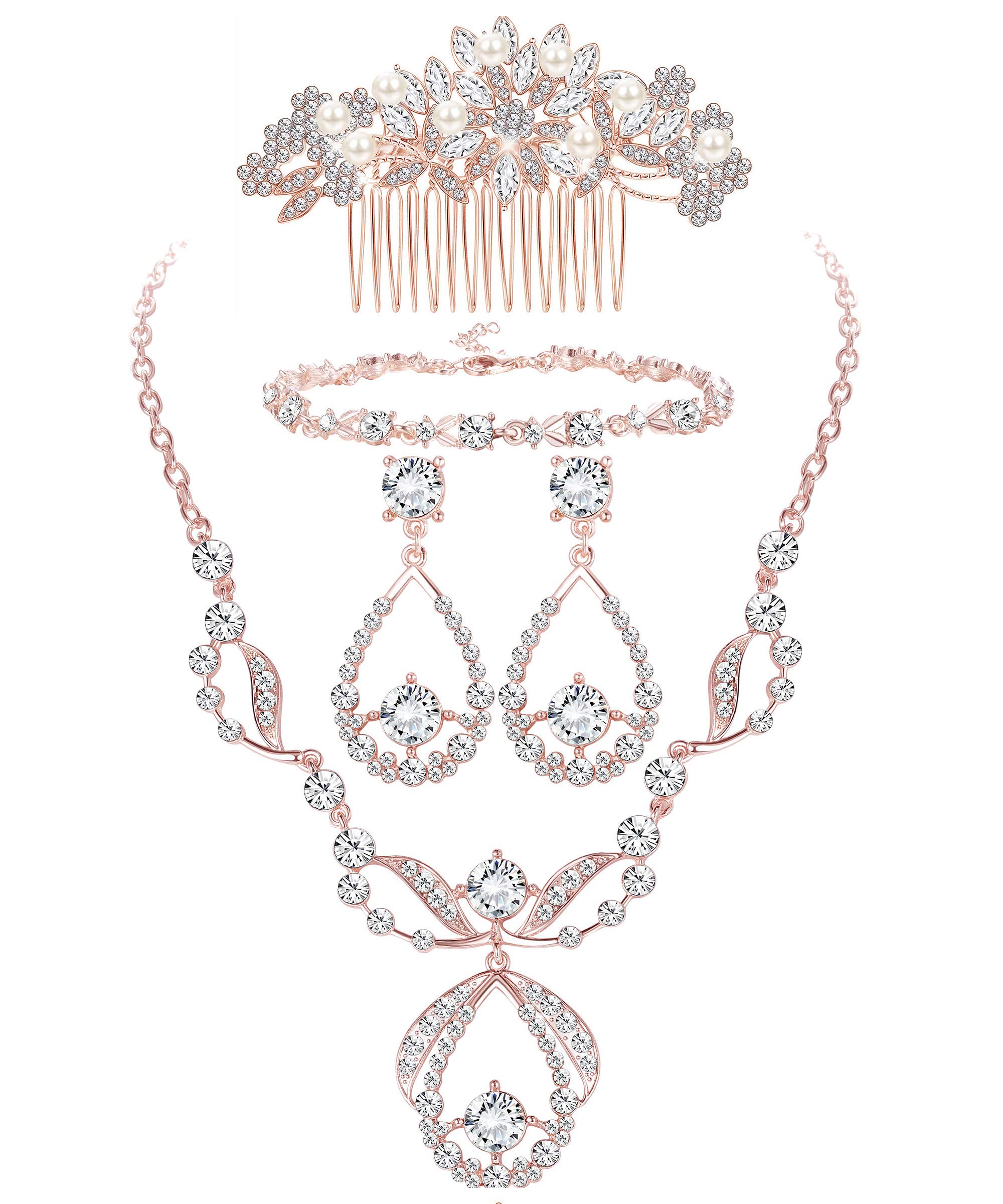Kakonia Conjunto de joyería nupcial de cristalpara baile de graduación, boda, novia, damas de honor, collar de diamantes de imitación Vintage, pendientes, pulsera, peine para mujer