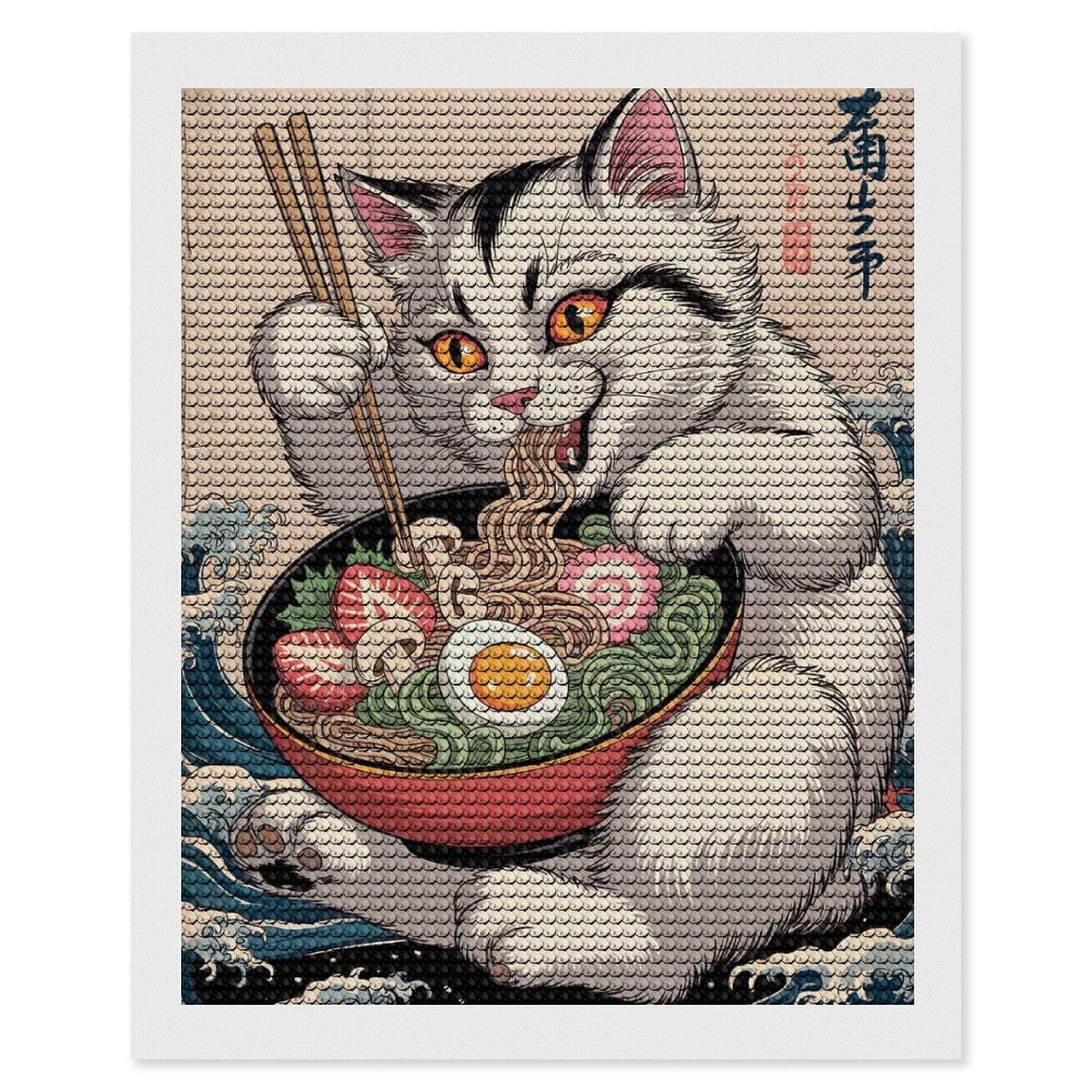 Junmoney Cat Eating Ramen Bowl Illustration 5D Diamond Painting Kit 16"x20", Relaxing DIY, Mindful Craft Project, Full Kit Included, Thoughtful Present
