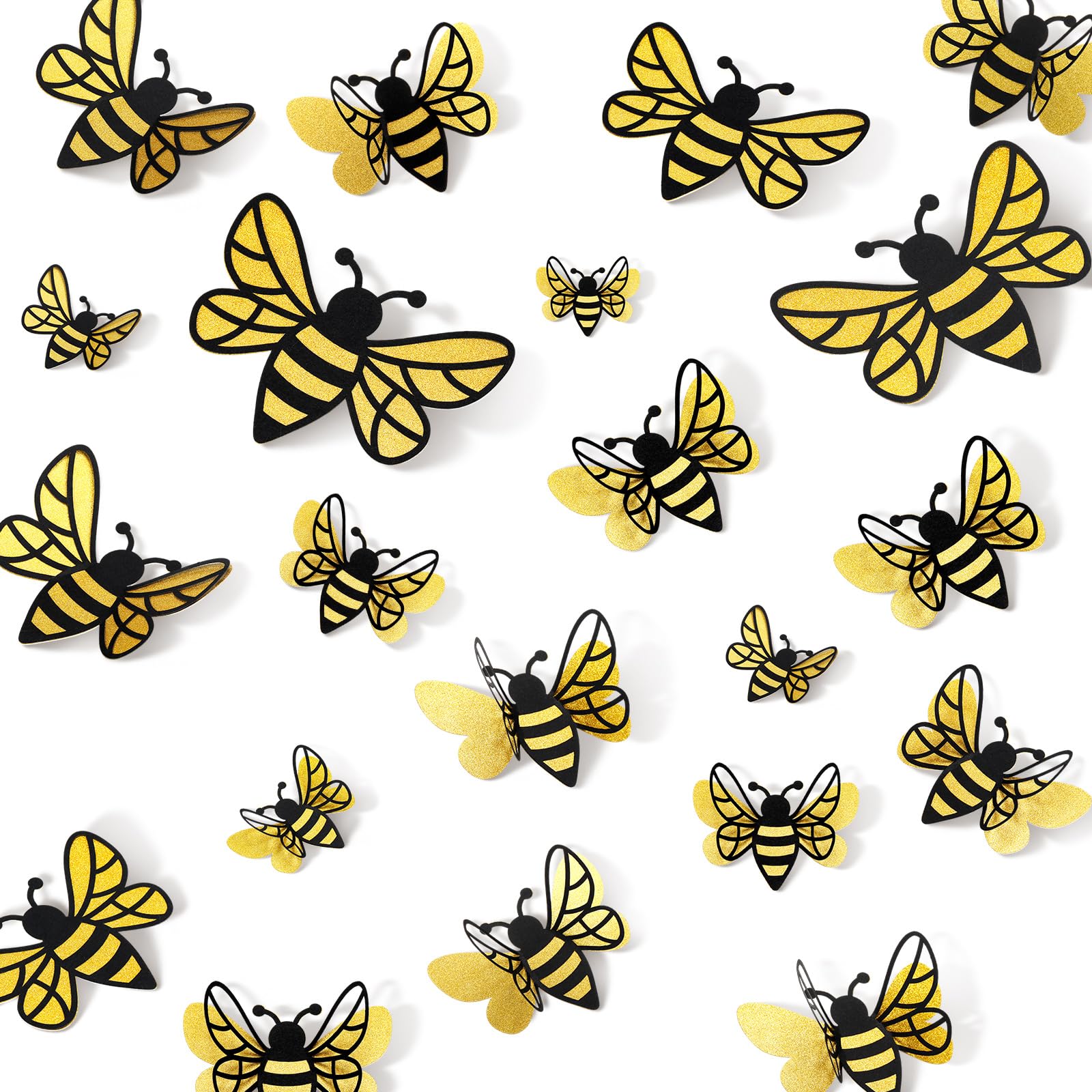 Feifeiya 30 Pcs 3D Bee Decor - 5 Sizes Glitter Honey Bumble Wall Decoration for Classroom Bee Themed Decals Large Confetti Cute Adhesive Birthday Party Baby Shower Outdoor Home Garden(Chic Style)