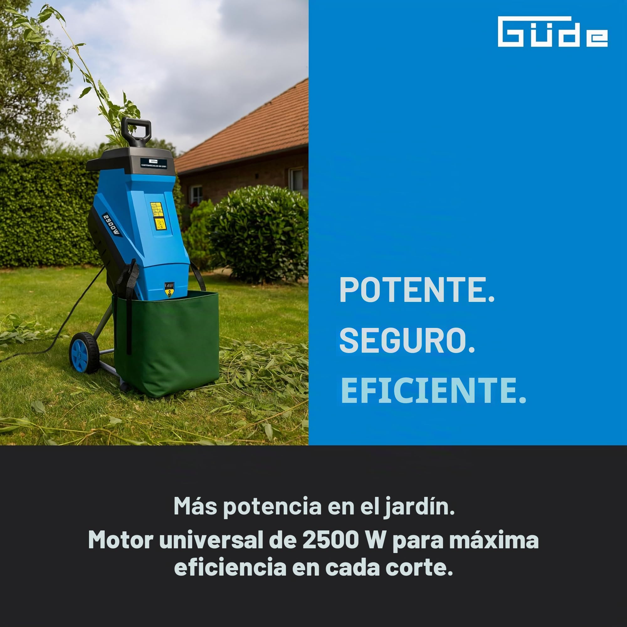 Güde Trituradora de jardín GH 2501 (2500 W, tecnología de cuchilla, bajo mantenimiento, autoalimentación, ruedas de transporte, protección contra sobrecarga, grosor máximo de rama 45 mm, incluye saco