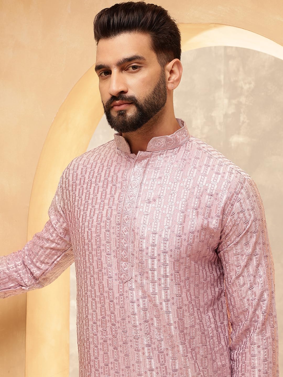 Sojanya (Since 1958 Men's Cotton Rayon Shiny Thread Sequinned Pink Only Long Kurta