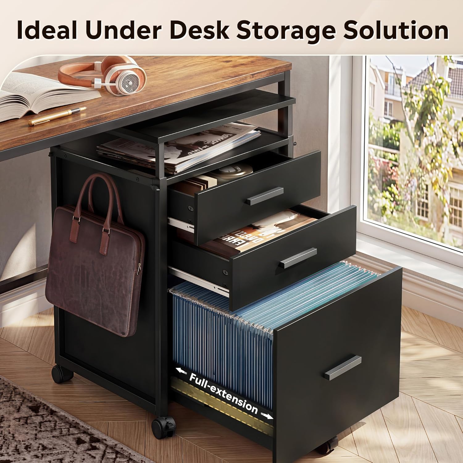 DEVAISE 3 Drawer File Cabinet with Adjustable Shelves, Rolling Wooden Filing Cabinet Mobile Printer Stand for Home Office, Black, 15.7" D x 17.7" W x 40.3" H