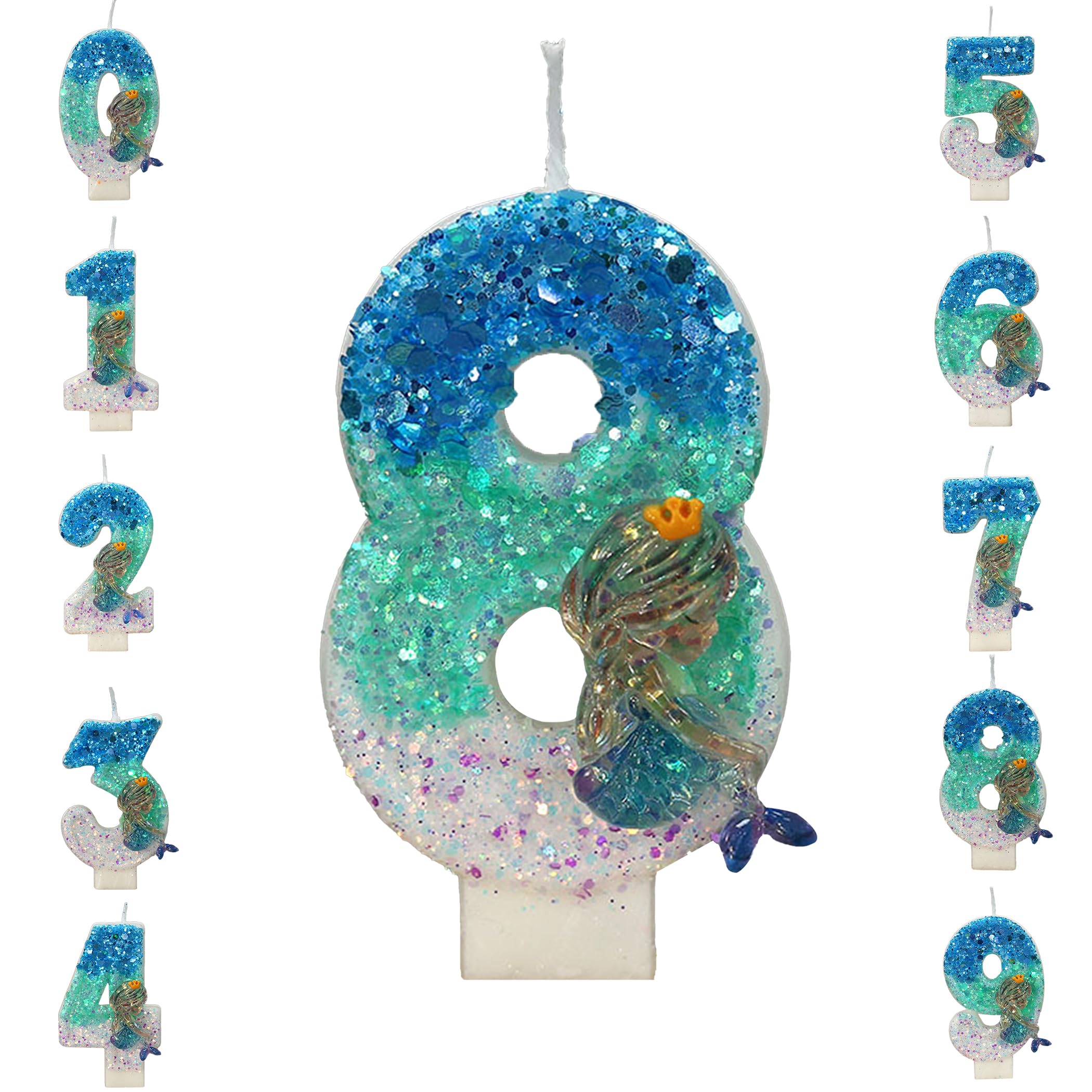 Coralup 2.95 Inch Birthday Number Candles,Birthday Candles 3D Design Cake Birthday Party Wedding Anniversary Celebration Supplies（Mermaid）