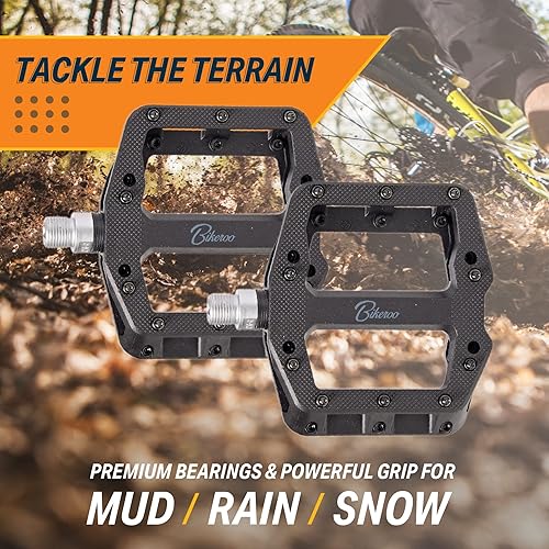 Miniatura 4 de Bikeroo Black Mountain Bike Pedales – Plataforma MTB con pasadores de agarre roscados – Fibra de nailon y eje de acero – Husillo de 9/16 pulgadas –