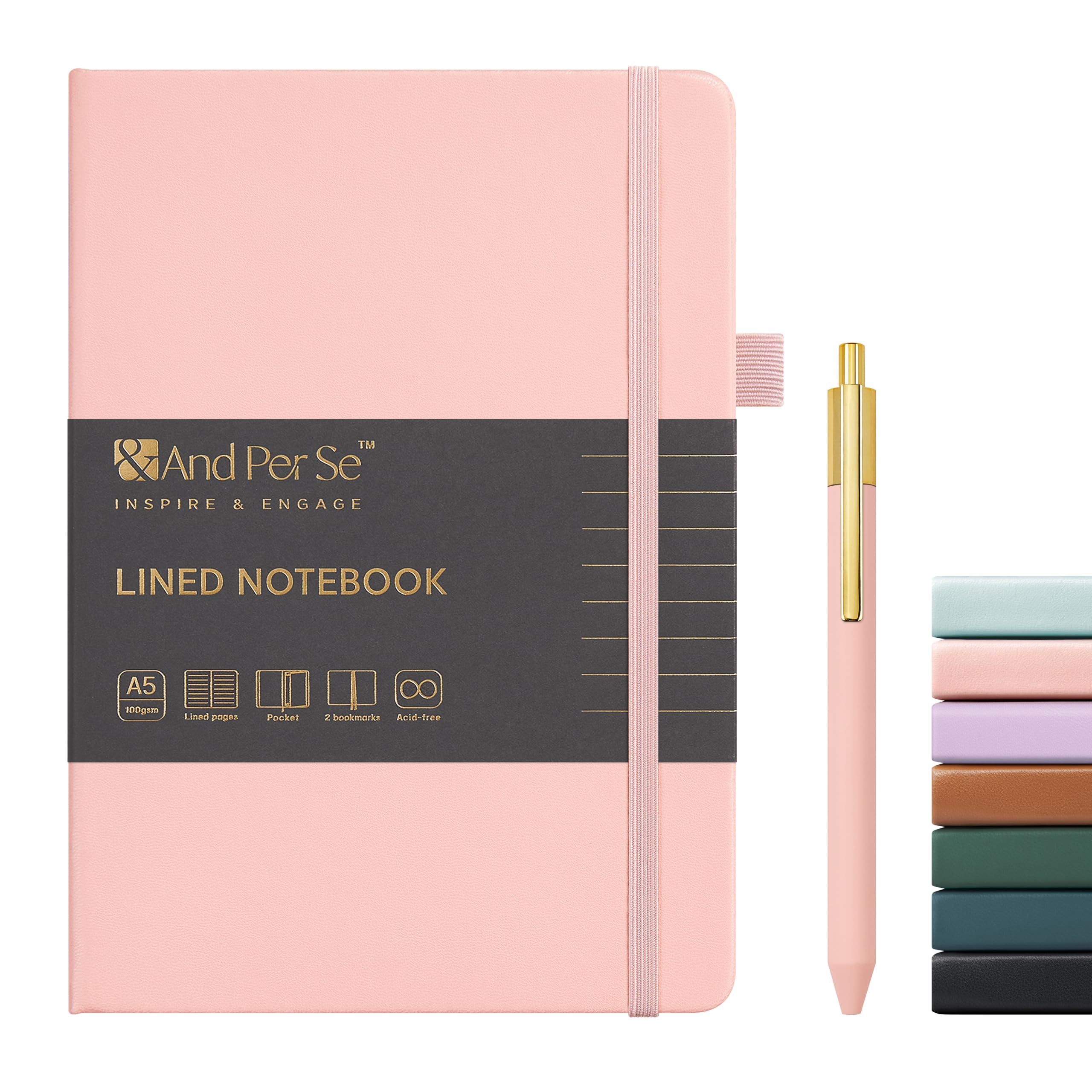 A5 Lined Leather Journal Notebook and Pen Set, Hardcover Journal with Pen, 160 Pages 100GSM Thick Ruled Paper Notebook for Women Men, for Work, Business, School or Home Writing, 5.7'' x 8'' (Pink-Set1)