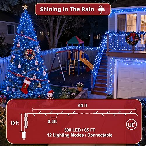 Miniatura 5 de 300 luces LED para árbol de Navidad de 75 pies, 12 modos profesionales, tira de luces de alambre verde oscuro, luces parpadeantes regulables con