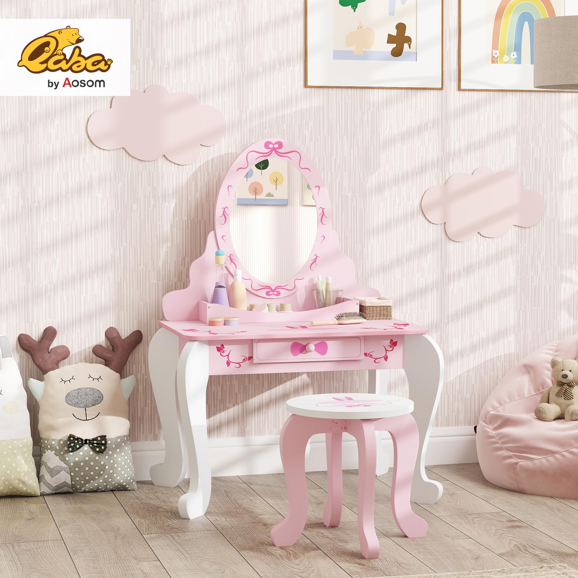 AIYAPLAY, set tavolo da toeletta per bambini, tavolo da toeletta a due pezzi con sgabello, specchio, cassetto, spazio di archiviazione sul desktop, tema del balletto, tavolo da trucco per ragazze