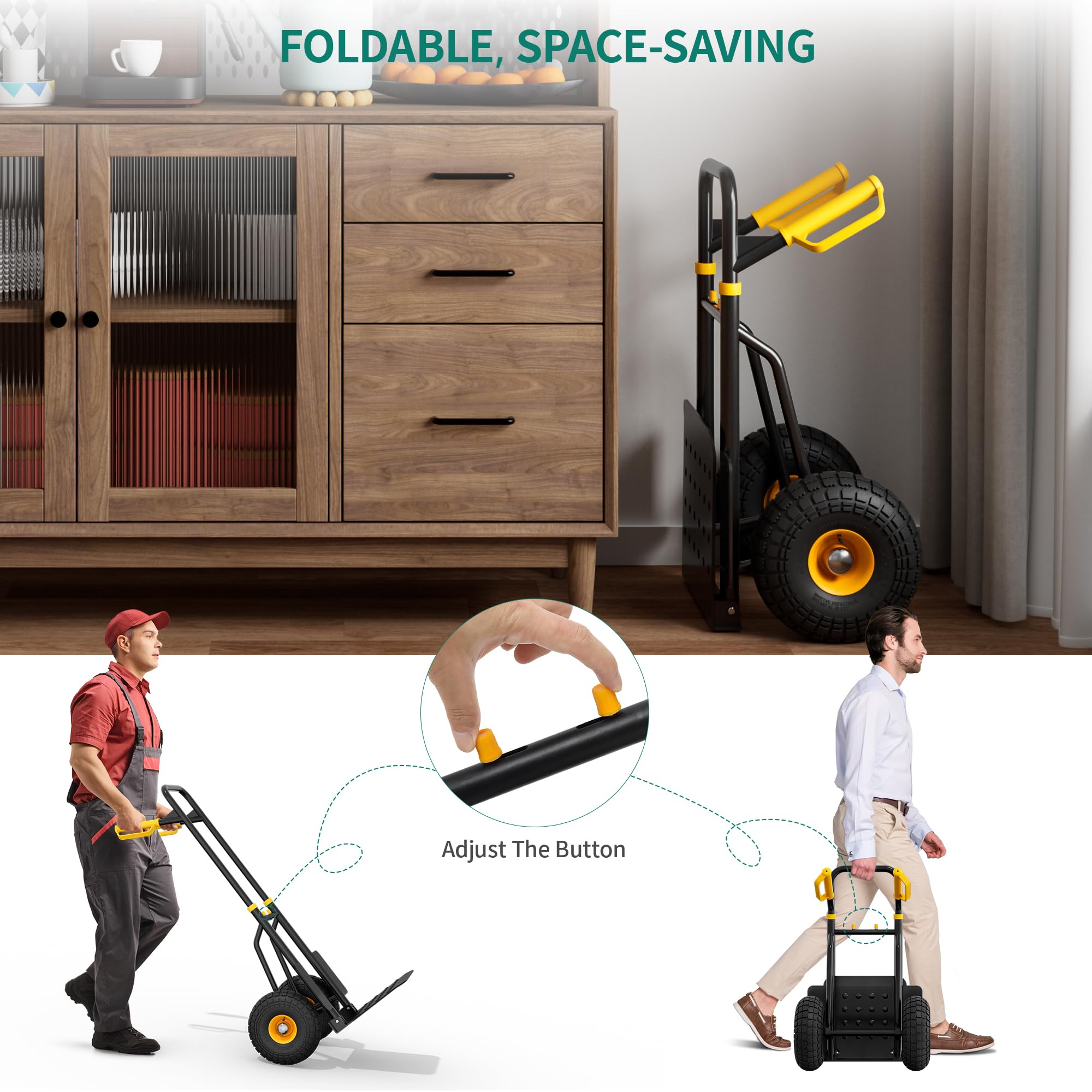 YITAHOME Carro de mano plegable con 2 ruedas industriales grandes, camión de saco resistente de altura ajustable con ruedas silenciosas de alto agarre, capacidad de 150 kg, incluye 2 cuerdas elásticas
