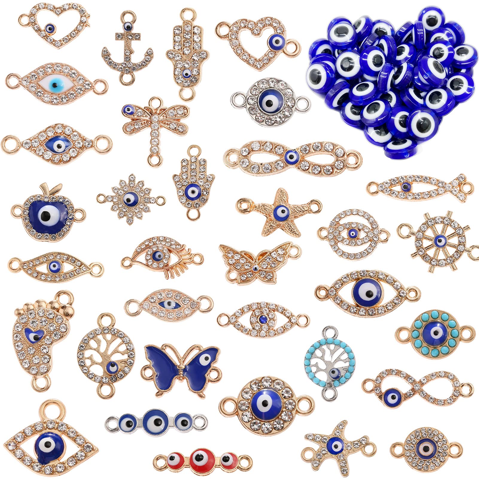 34 Pcs Mix Style Evil Eye Charms and 26 Pcs 8mm Evil Eye Beads, Evil Eye Charms for Jewelry Making, Rhinestone Diamond Evil Eye Charms, Charms Jewelry Connectors for DIY Bracelet Necklace