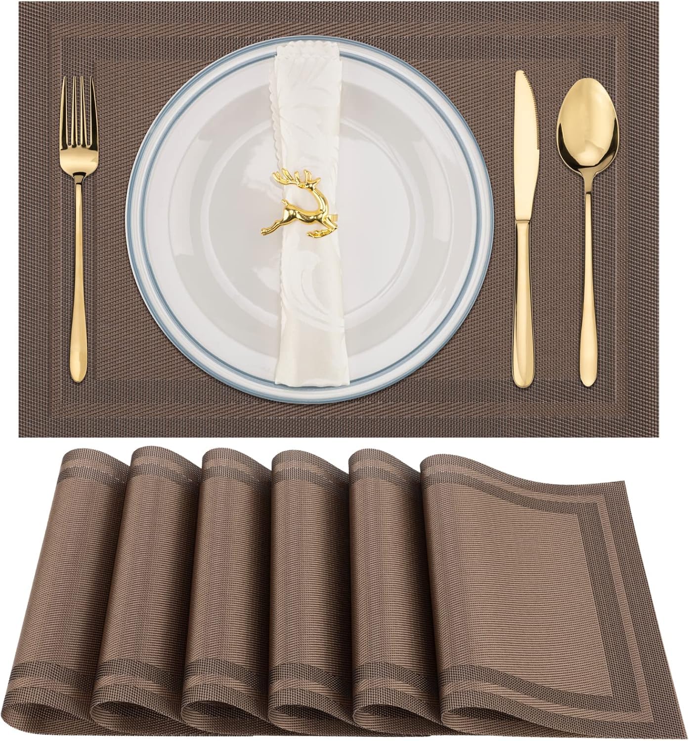 Placemats Set of 6 Dining Table Place Mats | Placemats Table Mat PVC Material | Non-Slip Heat Resistant | Dining Tablemates Washable Anti-Skid | Size 45 x 30cm (Brown)-image-12