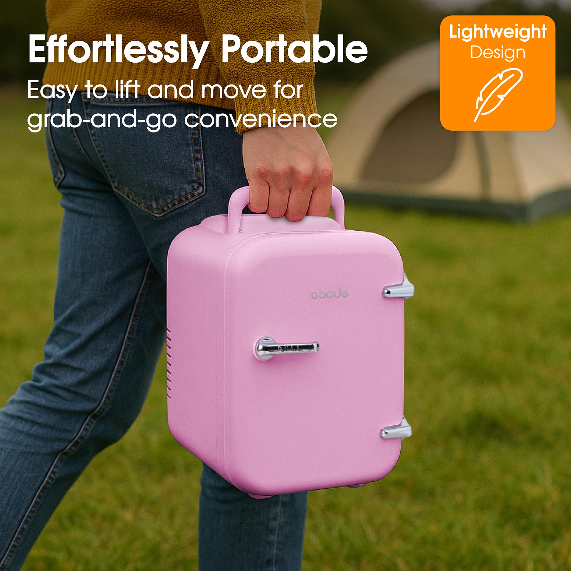Abode Pink Mini Fridge A4CLR201P 4L/6 Can Portable Thermoelectric Mini Cooler & Warmer for Drinks, Cosmetics/Makeup/Skincare, AC/DC Power, Retro Style, For Bedroom, Home, Caravan, Car — view 8