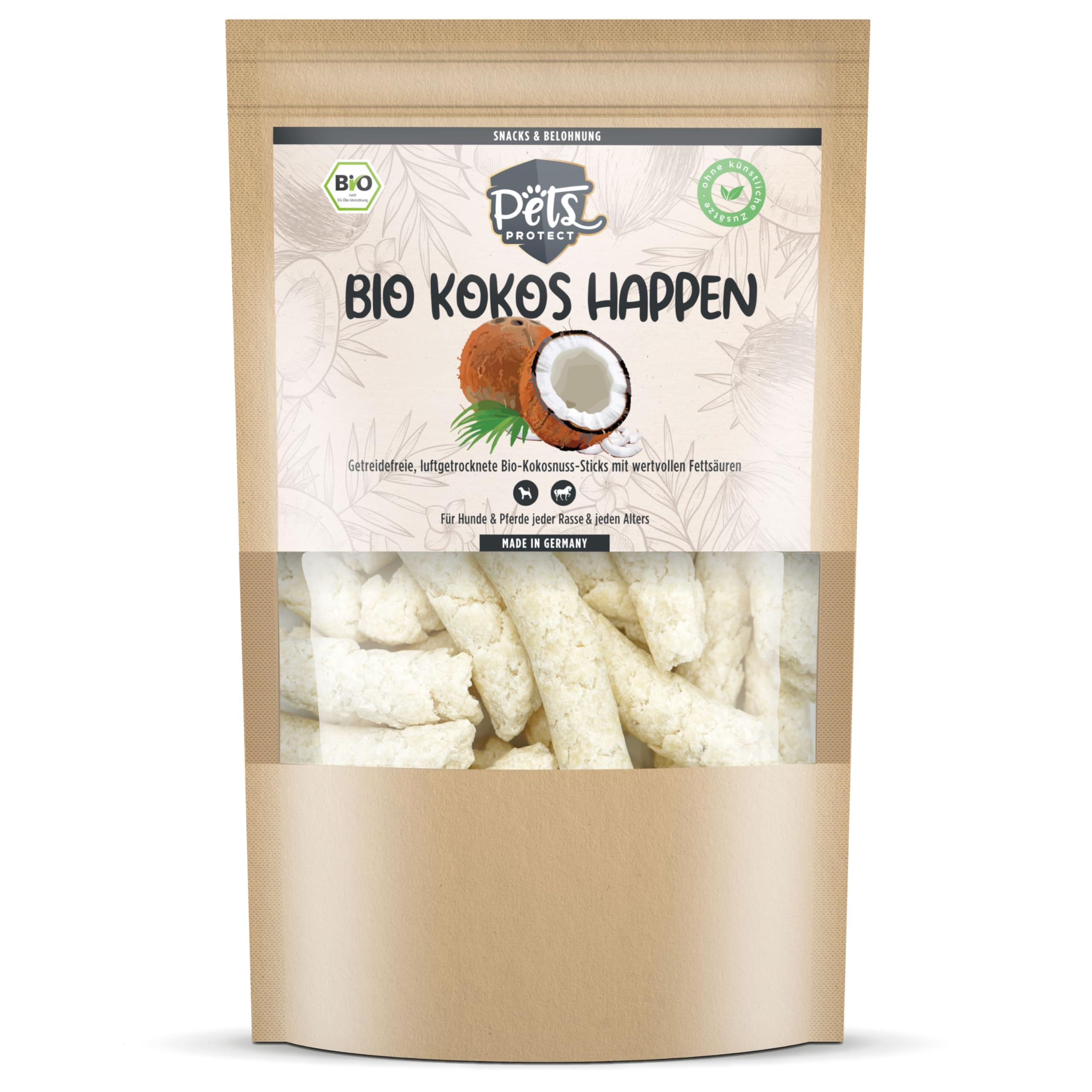Pets Protect Bio-KOKOSHAPPEN 300 g | Natürliche Leckerlis für Hund & Pferd | Beste Bio-Qualität | Hunde-Snacks getreidefrei & ohne künstliche Zusätze | Leckerli vegan | Deutsche Herstellung