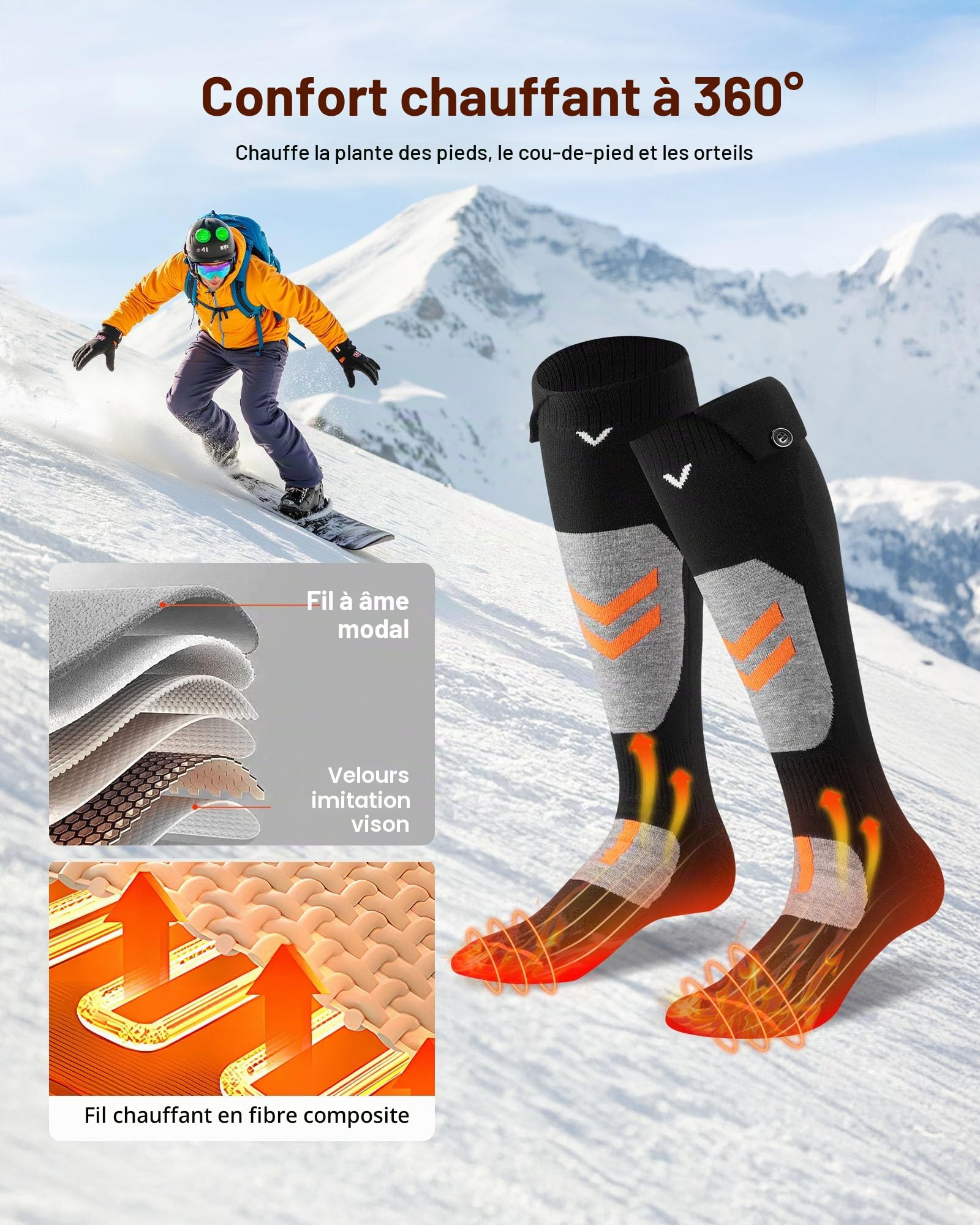 VEVOR Chaussettes Chauffantes Femme Homme à Batterie Rechargeables Électrique 5000 mAh, 4 Niveaux de Chauffage, avec Contrôle par Application, pour Sports Hiver, Ski, Pêche sur Glace, Randonnée, M