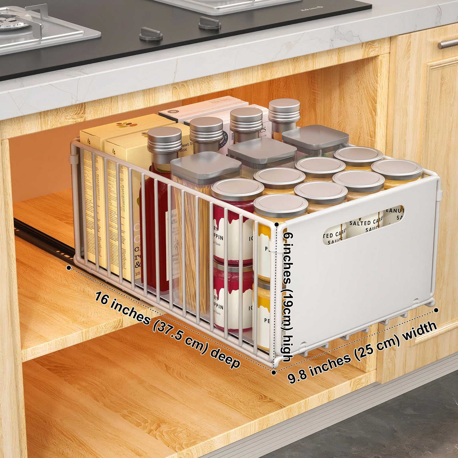 Paquet de 2 Tiroir Coulissant Cuisine Adhesif, Bac Coulissant Placard Cuisine, Organisateur D'Armoires De cuisines Pour Armoires, Organisateur de Tiroirs, Aucun PerçAge ni Clouage Requis