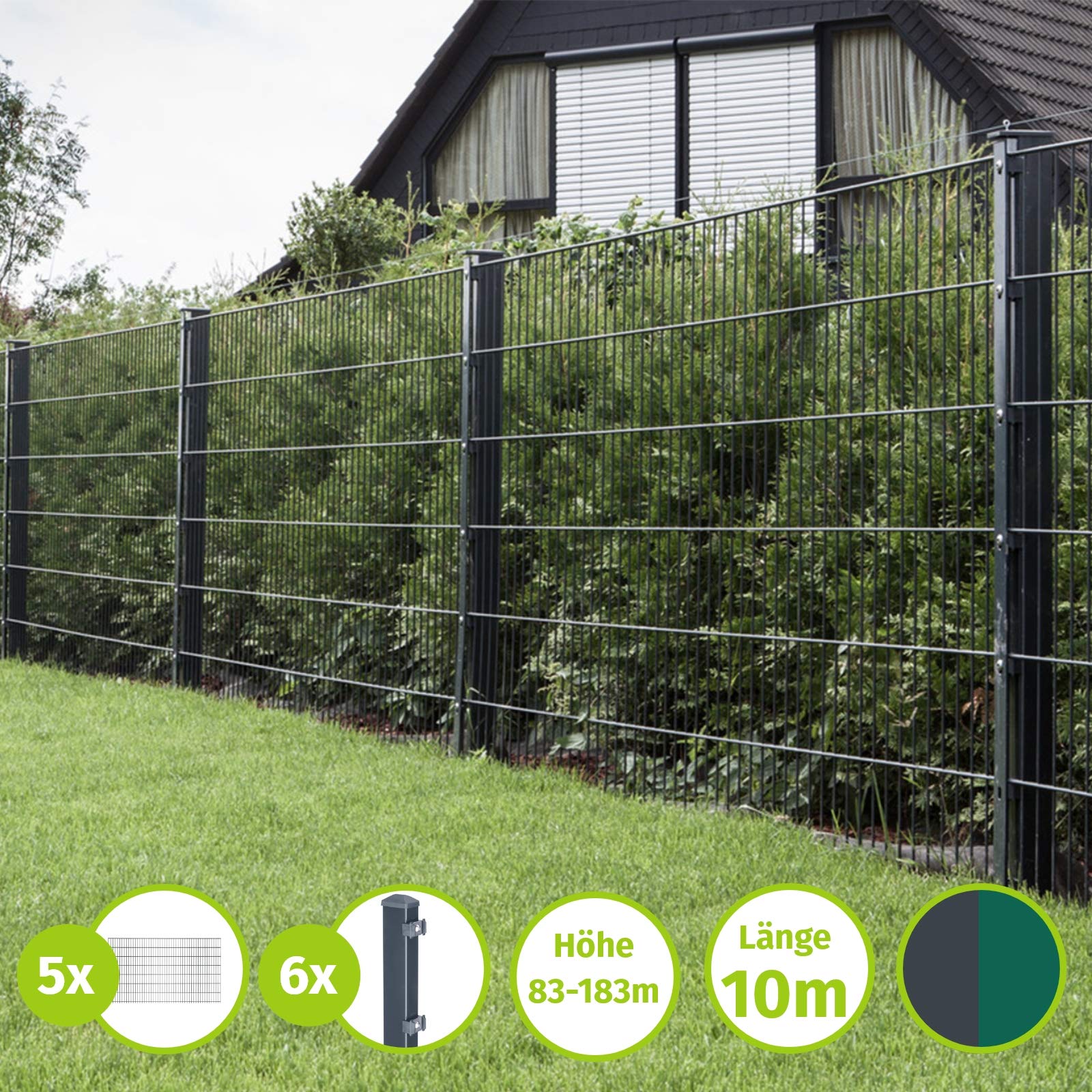 HORI Doppelstabmattenzaun Komplettset 6/5/6 I Mattenzaun mit Klemmhaltern je 200 cm I Zaunelement verzinkt & pulverbeschichtet I Gartenzaun Metall I Sichtschutzzaun I Grundstücksbegrenzung I